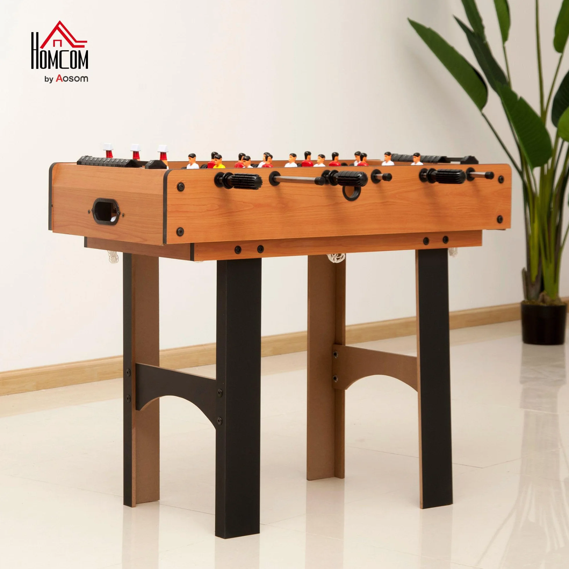 HOMCOM Mesa Multijuegos 4 en 1 para Niños +6 Años Mesa de Juego con Futbolines, Mesita de Billar y Ping-Pong 92x78x80 cm Natural y Negro