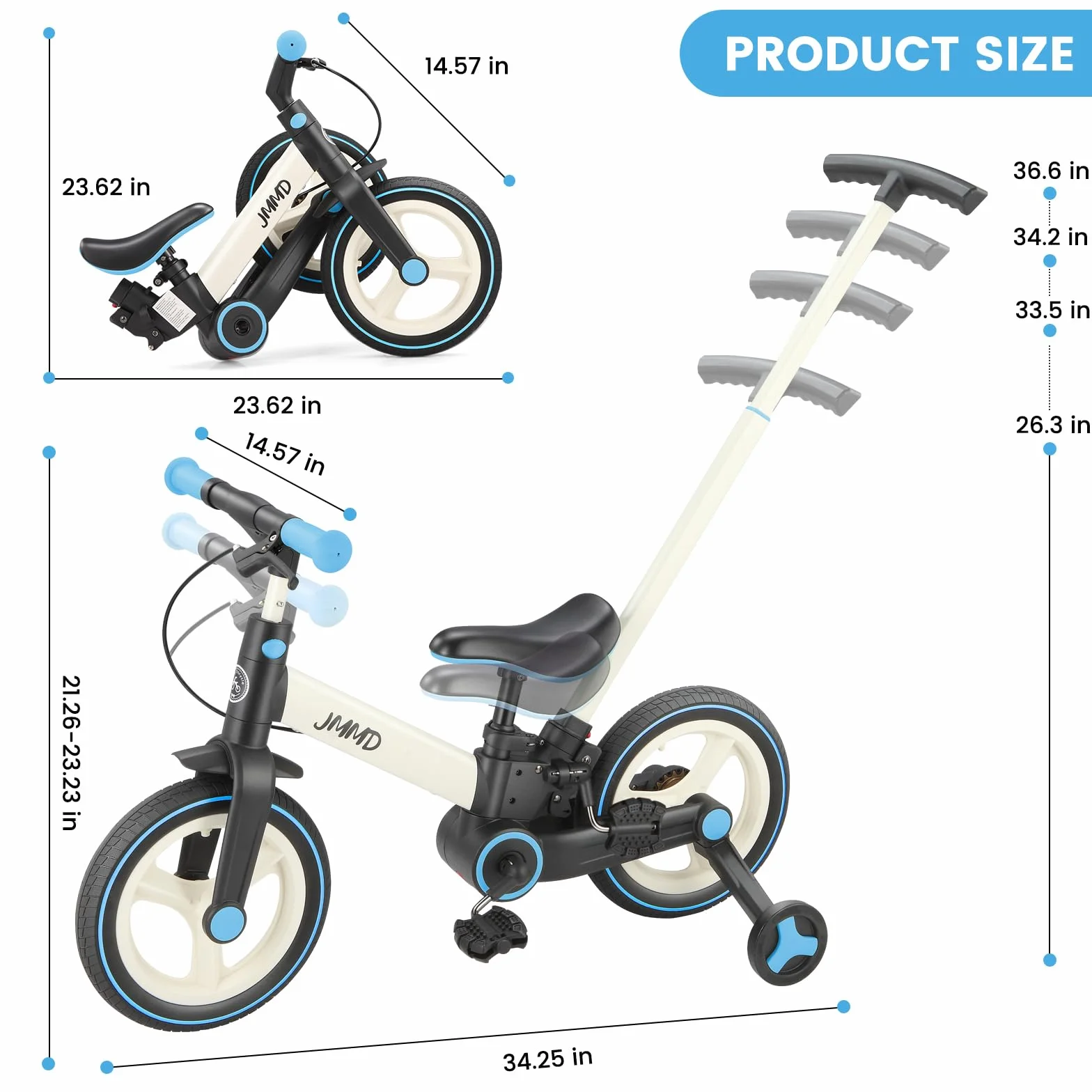 JMMD Bicicleta 6 en 1 para Niños Pequeños con Ruedas de Entrenamiento y Pedales, Edad 18 Meses a 5 Años, Bicicleta de Equilibrio y Pedal 12" Transformable y Plegable