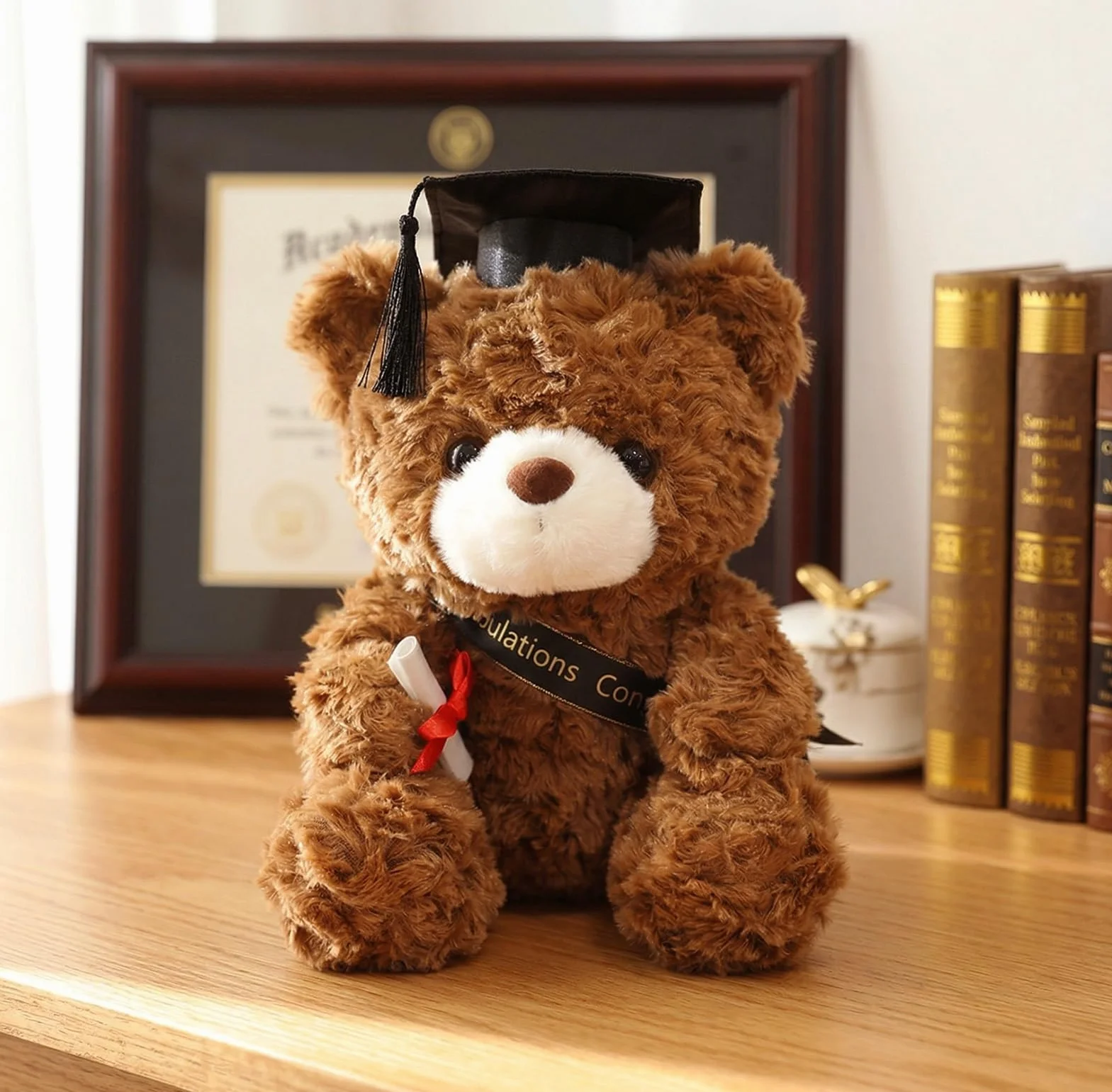 Oso de peluche de graduación con sombrero de doctorado, osito de graduación, regalo de graduación, 23 cm, amuleto de la suerte para graduación (marrón - negro)