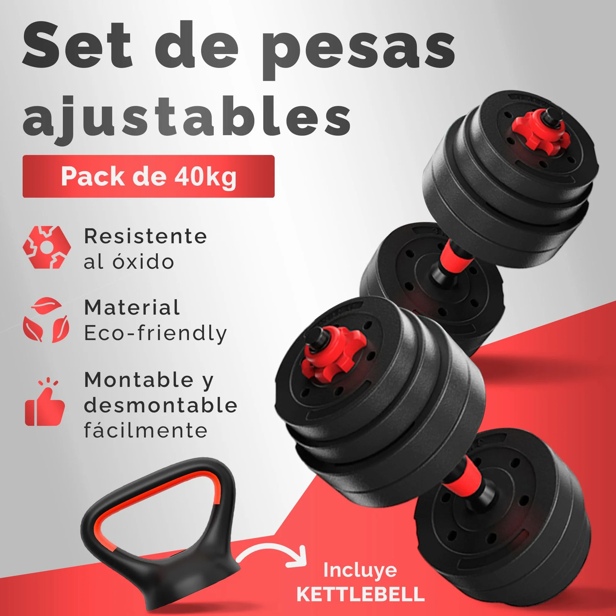JUPPLIES Juego de Mancuernas Ajustables 2 en 1 10kg 20kg 40kg Kit de Pesas con Barra Recta Antideslizante