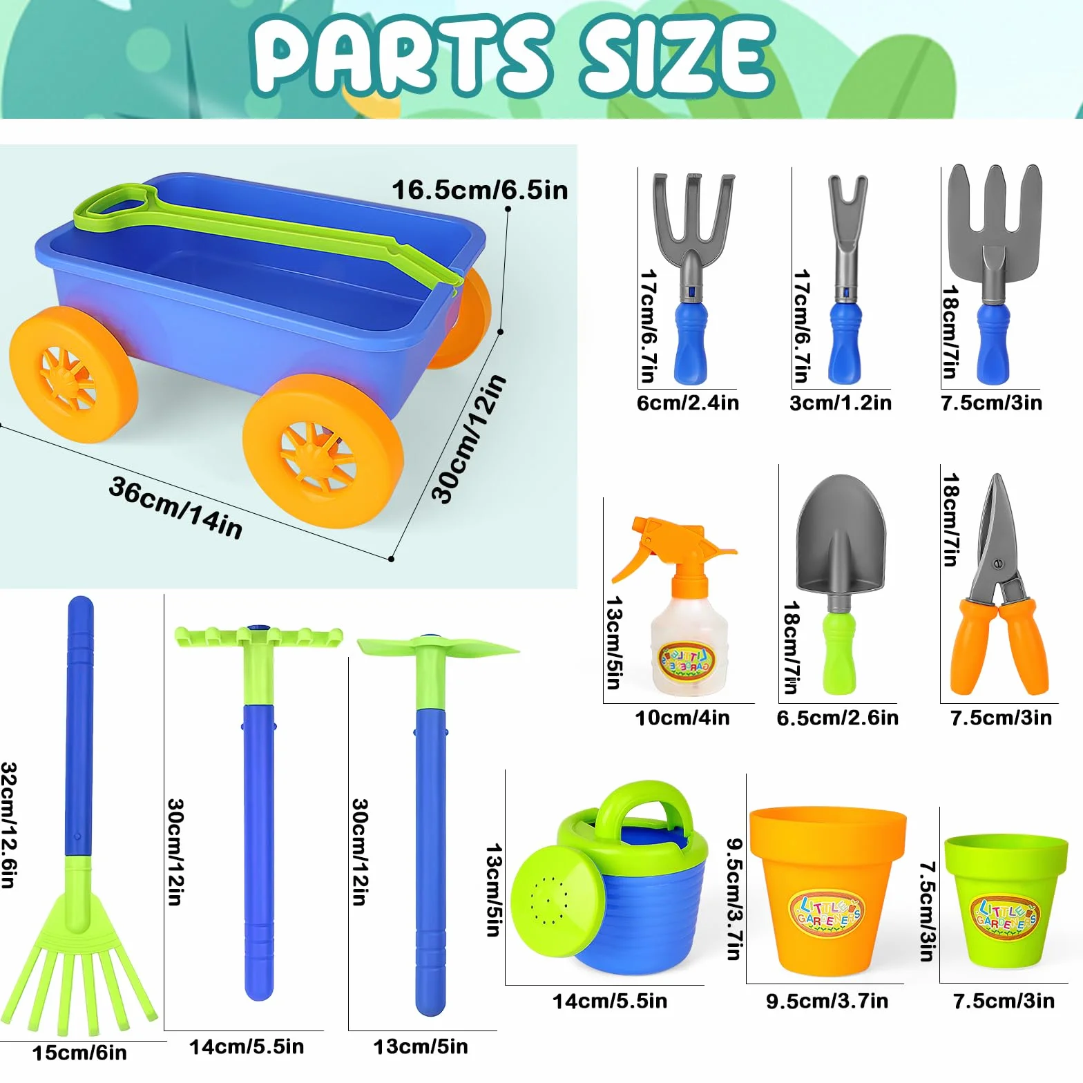 deAO Carretilla y Herramientas de Jardín para Niños y Niñas - Juego de Juego con Herramientas de jardinería, Incluye 10 Accesorios y 4 Macetas para Plantas (Azul)