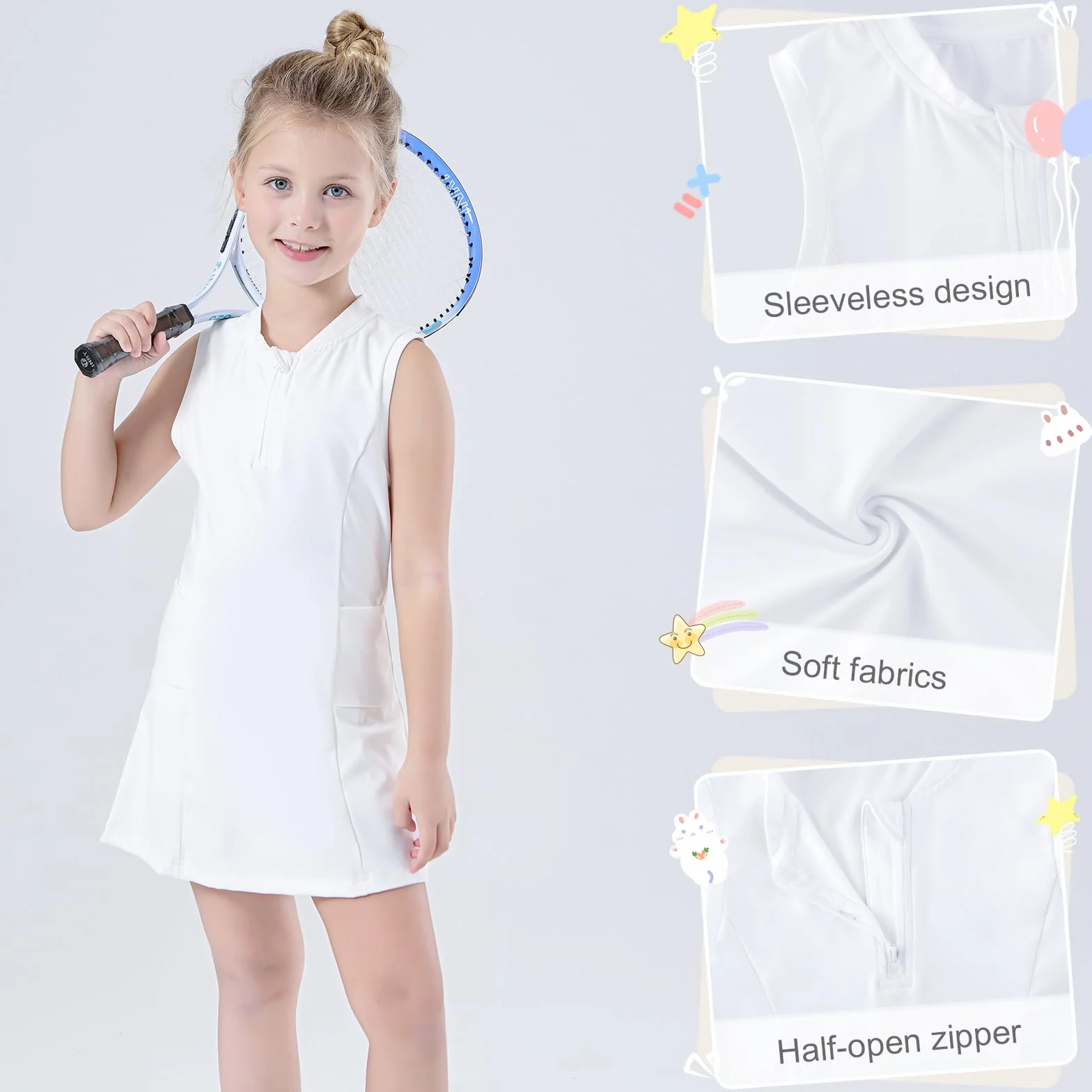 Bezioner Vestido Tenis Niñas Cremallera Vestidos Deportivos con Pantalones Cortos Bolsillos Padel Línea A Ropa Golf