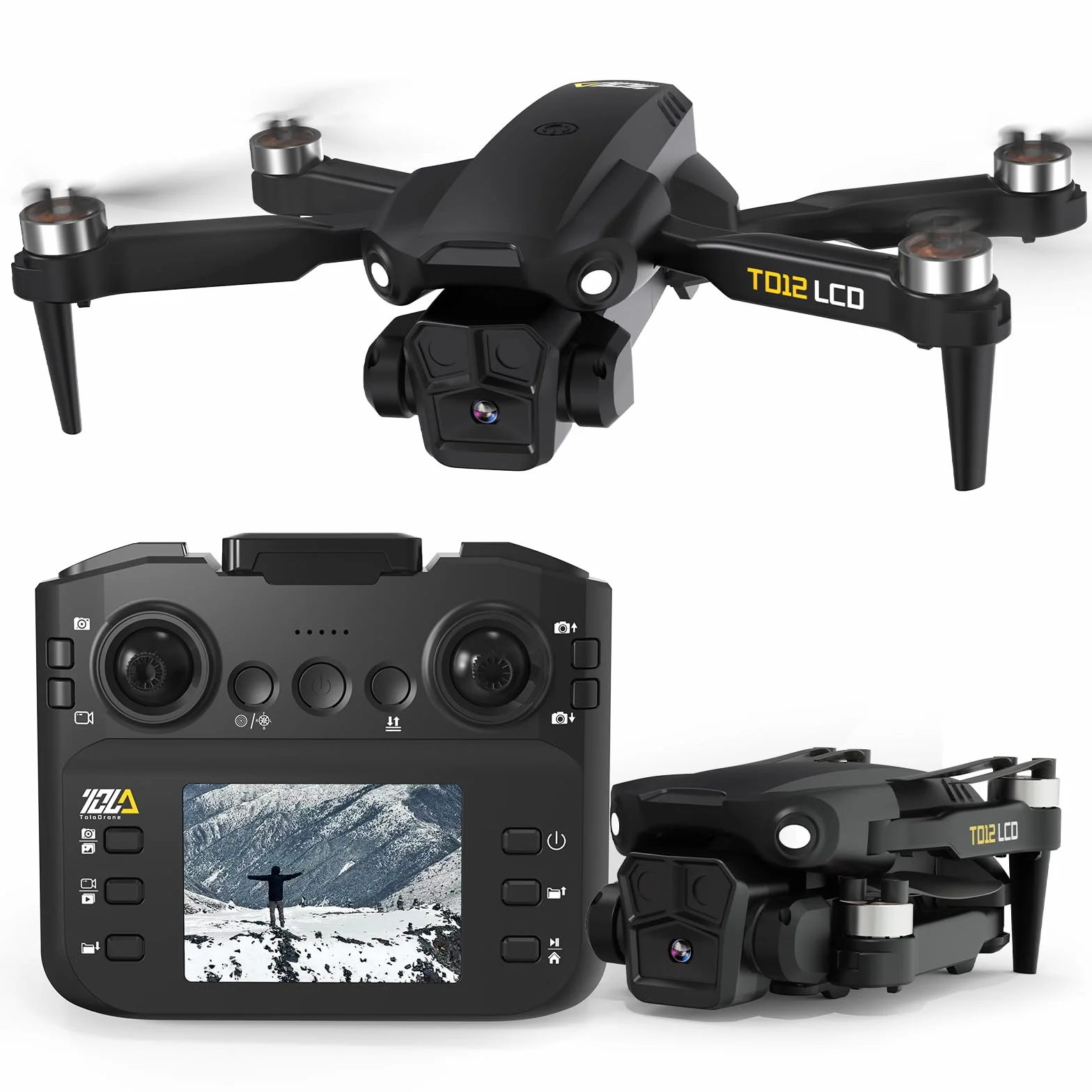 Toladrone TD12LCD Dron con Cámara para Adultos, Drones con Posicionamiento por Flujo Óptico, Motor sin Escobillas, Transmisión de Pantalla LCD, Plegable Drone para Principiantes, Menos de 249g