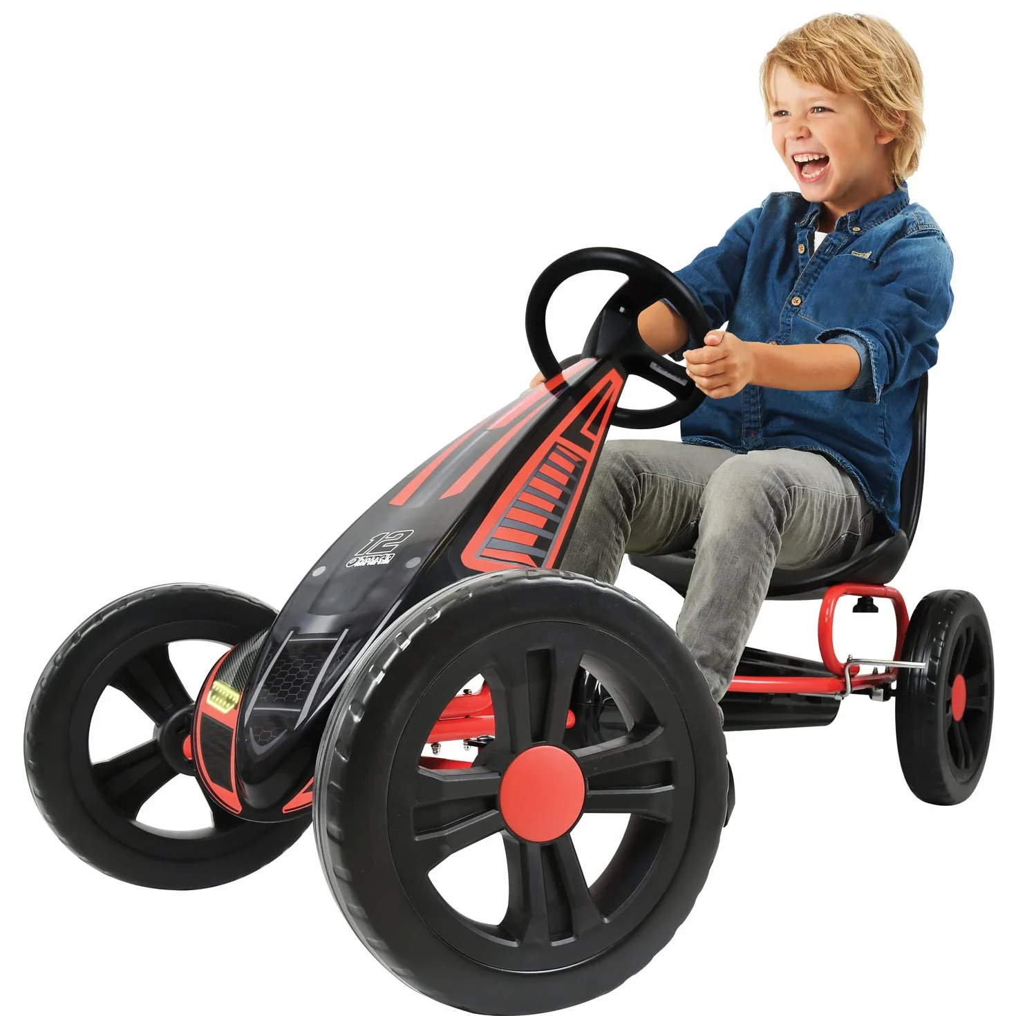hauck Go Kart Cyclone - Kart Pedales para Niños de 4 a 10 Años - Coche Pedales con Ruedas de 12 Pulgadas - Go-Kart con Freno de Mano y Asiento Ajustable - Chasis de Acero - Negro/Rojo