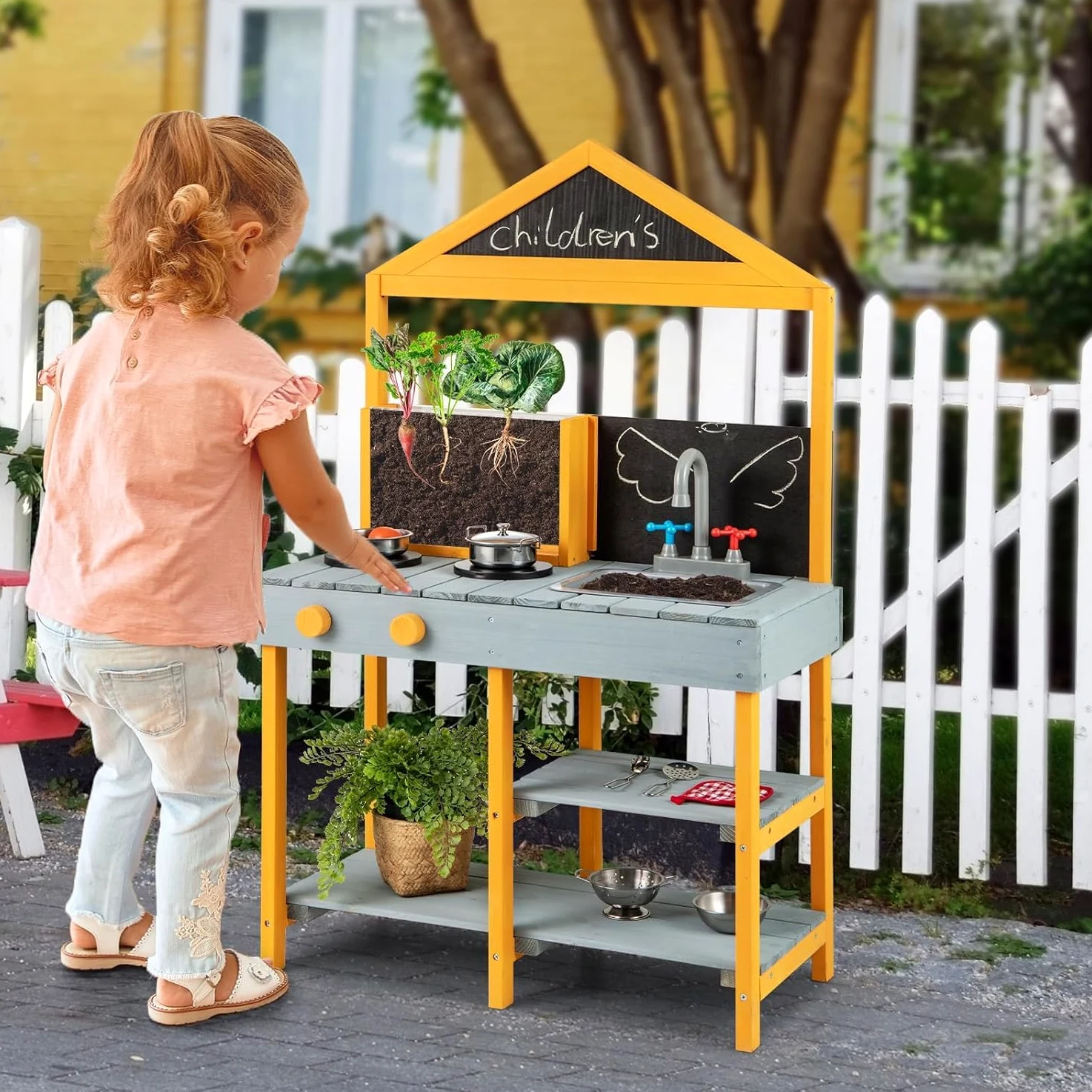 FANTASK Cocina de Barro para niños al Aire Libre, Cocina Infantil de Abeto con macetero, 2 pizarras de Tiza, Grifo y Lavabo (Azul)