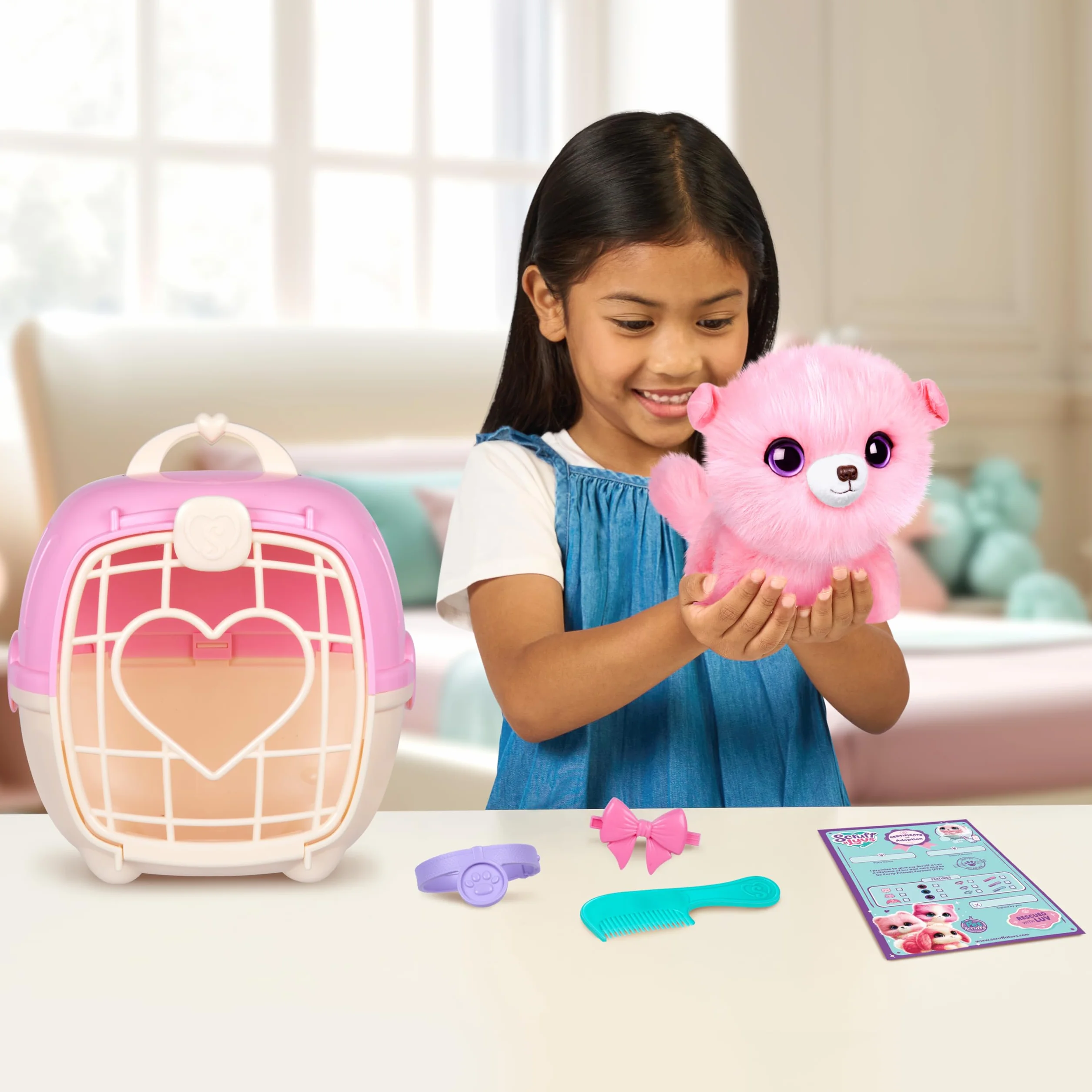 SCRUFFALUVS Little Live Pets Scruff Mascota Rosa - Peluche Sorpresa, 19 cm - Lava para Descubrir 1 de 3 Mascotas rescatadas: Perrito, Conejito o Gatito - Incluye un transportín Deluxe de 22 cm