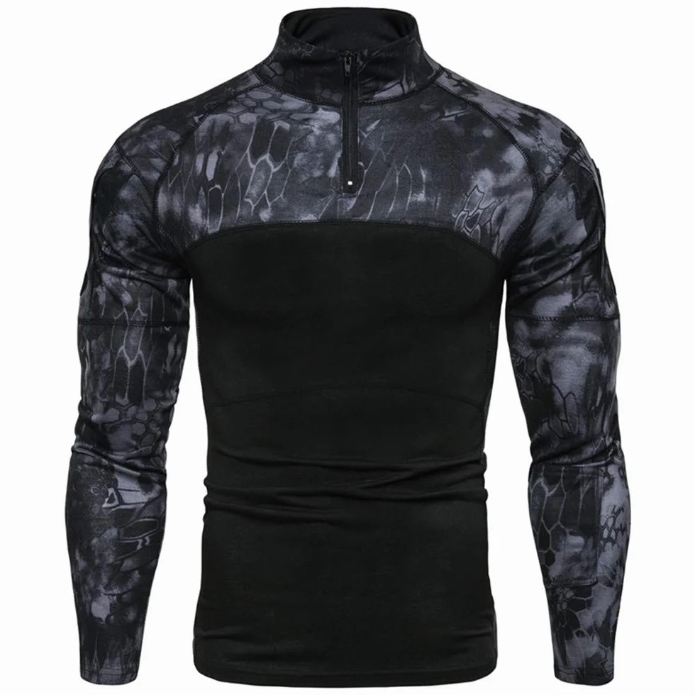 Camisa táctica de manga larga con cremallera 1/4 para hombre, estilo militar, camisa de combate con bolsillos, airsoft, caza, camping