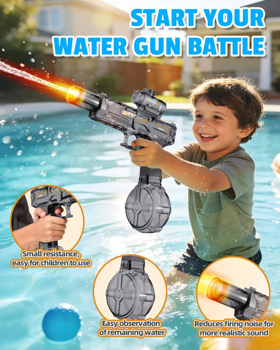 2 Piezas Pistola de Agua Eléctrica, Pistola de Agua Niños con Llama LED, Gran Capacidad Recargable Pistola de Agua Automática, Alcance 8-10 M, Exterior Juguetes para Niños 3+, Piscina, Playa, Fiesta