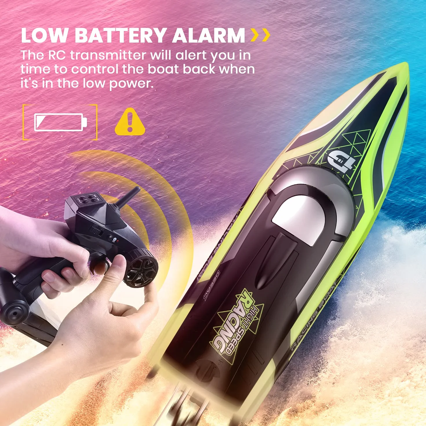 DEERC Barco RC con luz LED, más de 30 Minutos, para Piscinas y Lagos más de 20 mph, Barcos de Carreras de 2,4 GHz, 2 baterías, Juguetes de Piscina para niños, embarcaciones controladas por Radio