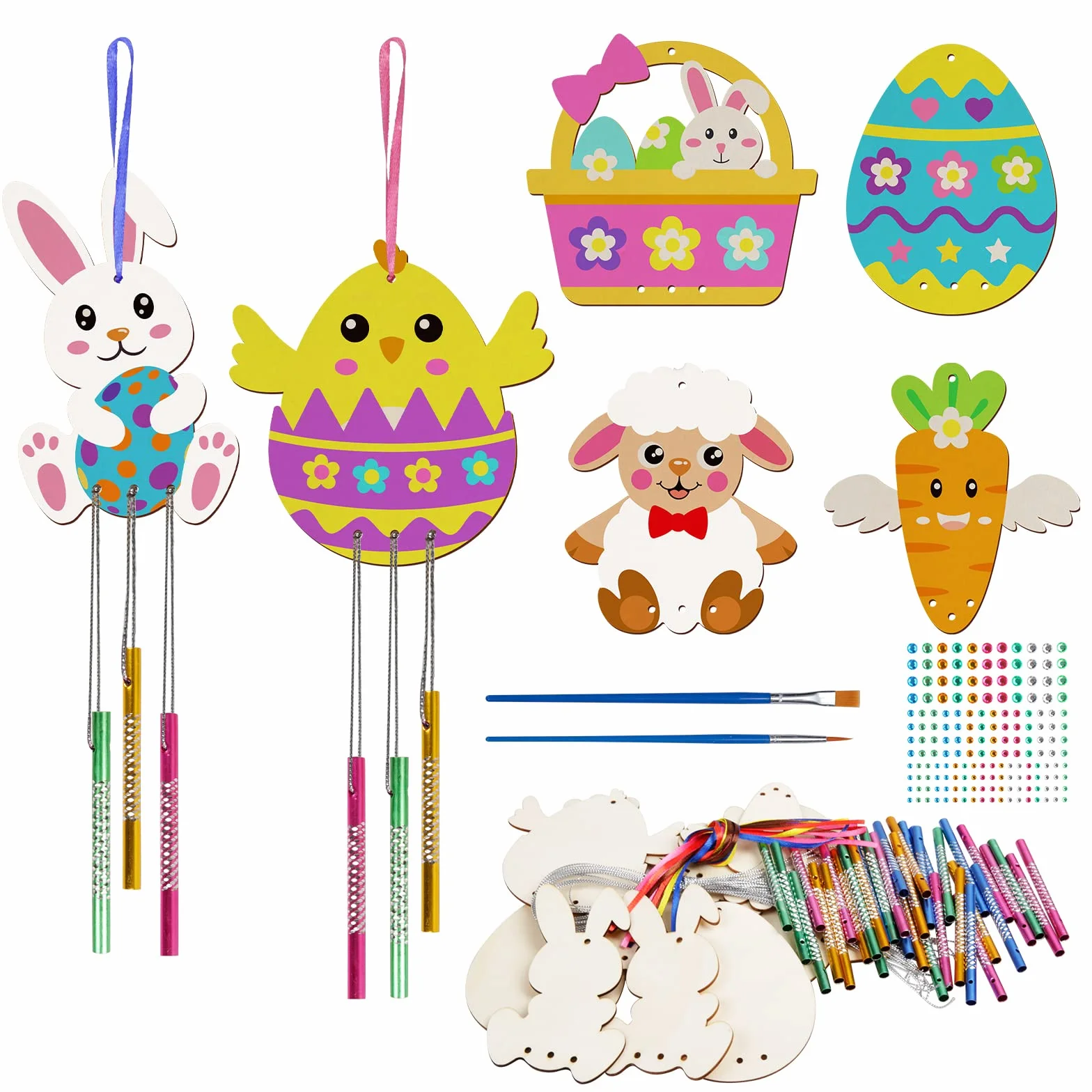 WEDNOK 12 piezas Kit de Pascua para niños, Campanas de viento de Pascua de madera para pintar, Decoraciones de Pascua, para regalos de Pascua