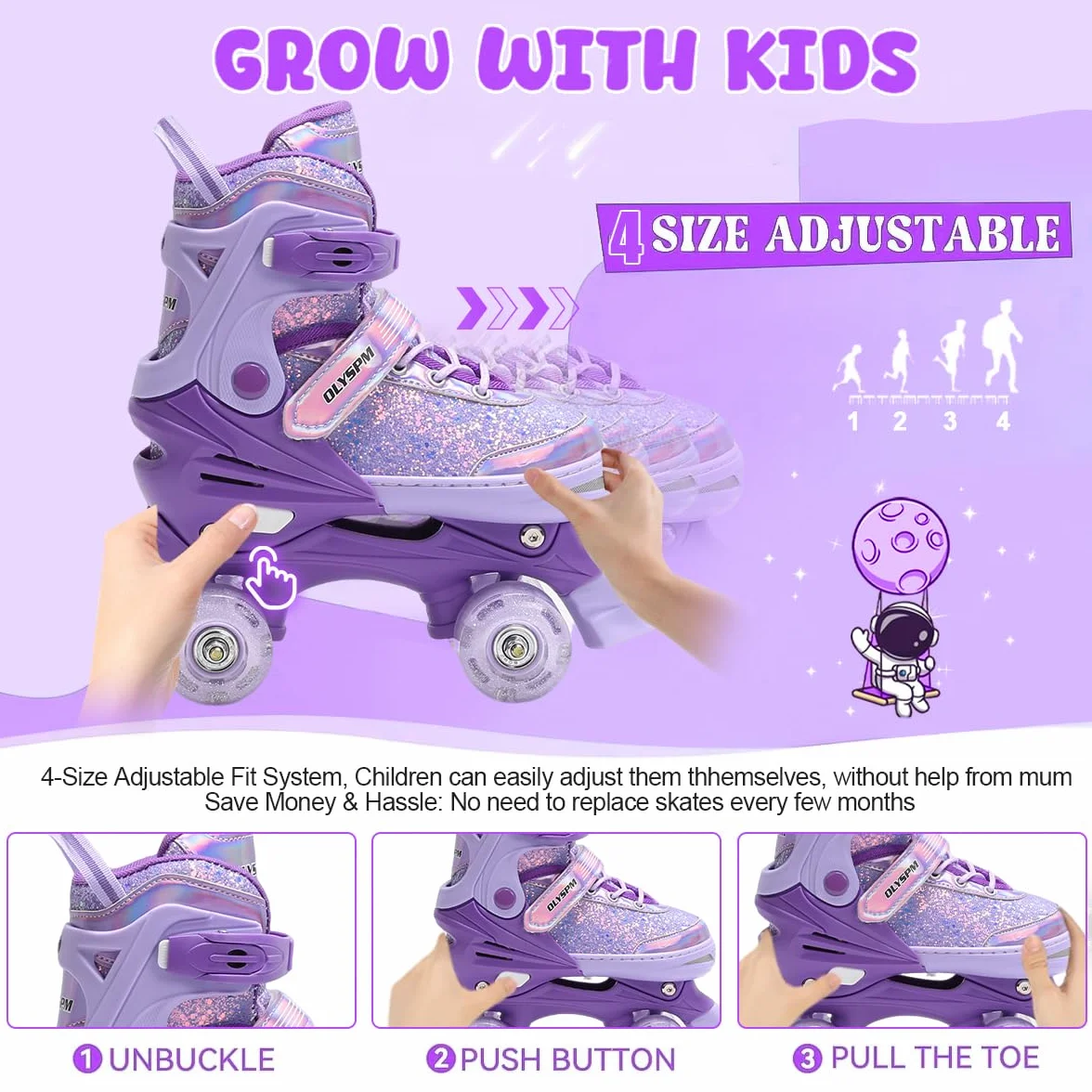 Patines 4 Ruedas Luminiscentes Ajustables con 8 Ruedas Brillantes para Niños