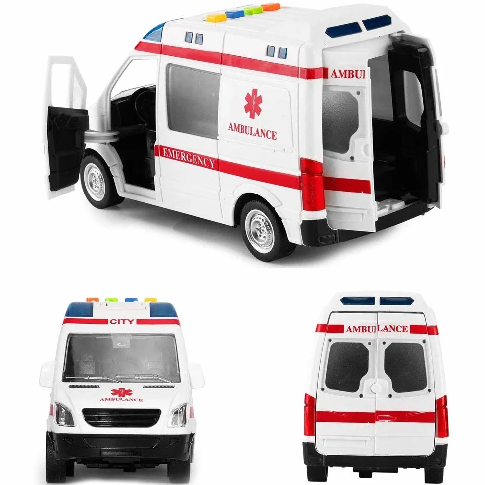 BAKAJI Ambulancia - Juguete para niños con Movimiento de Embrague, Sirena Que Funciona con Luces y Sonidos para Puertas Laterales y traseras Que se abren y se abren, camión Cuidado en Cada Detalle