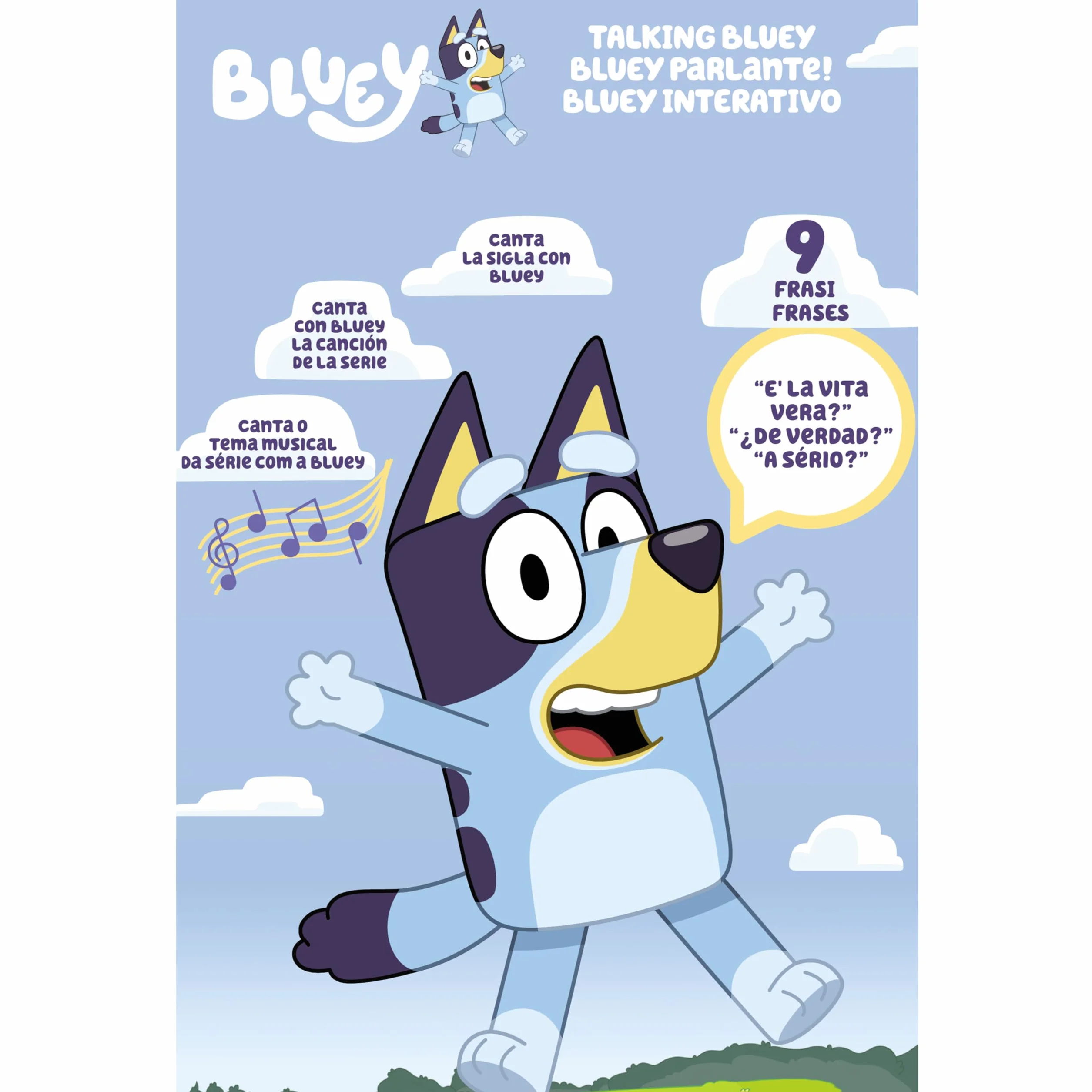 Bluey parlante de 33 cm, Peluche multilingüe parlante con 9 Frases y la canción de la Serie, Habla en 3 Idiomas Diferentes