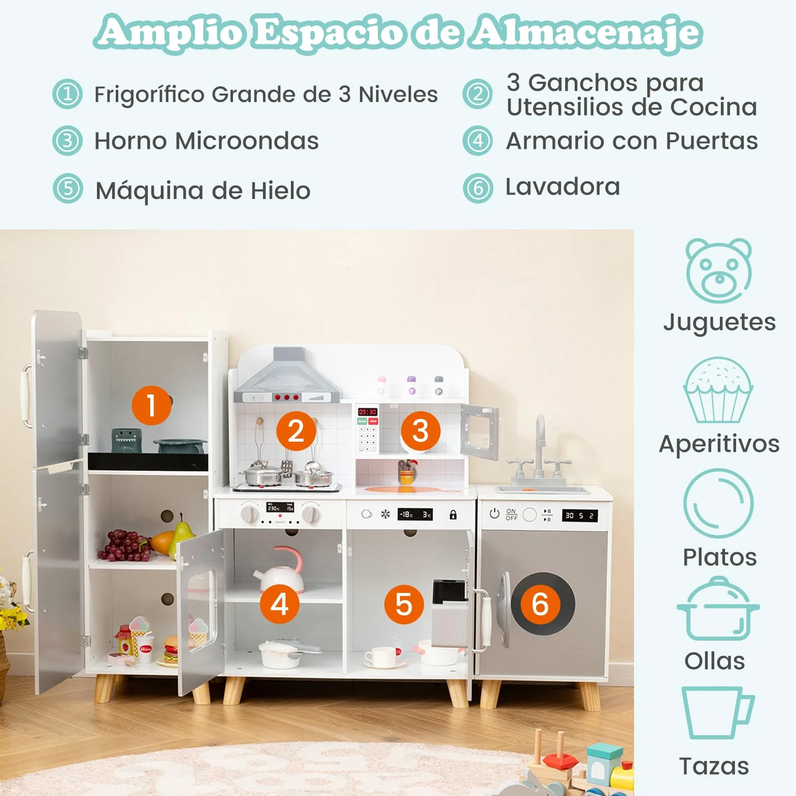 COSTWAY Cocina Juguete Infantil, Cocinita de Madera Infantil 3 en 1 con Refrigerador, Lavadora, Máquina de Hielo, Estufa, Fregadero, Horno, Microondas, Cocina Juguete con Luces y Sonidos (Gris)
