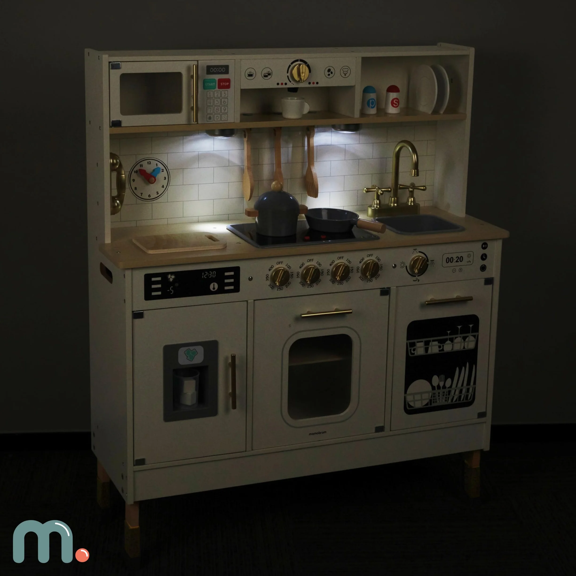 Mamabrum Cocina de Juguete para Niños de Madera con Luces LED - Juguetes Cocina Niños Interactiva con Altura Ajustable - Incluye Microondas, Lavavajillas y Accesorios - 104cm
