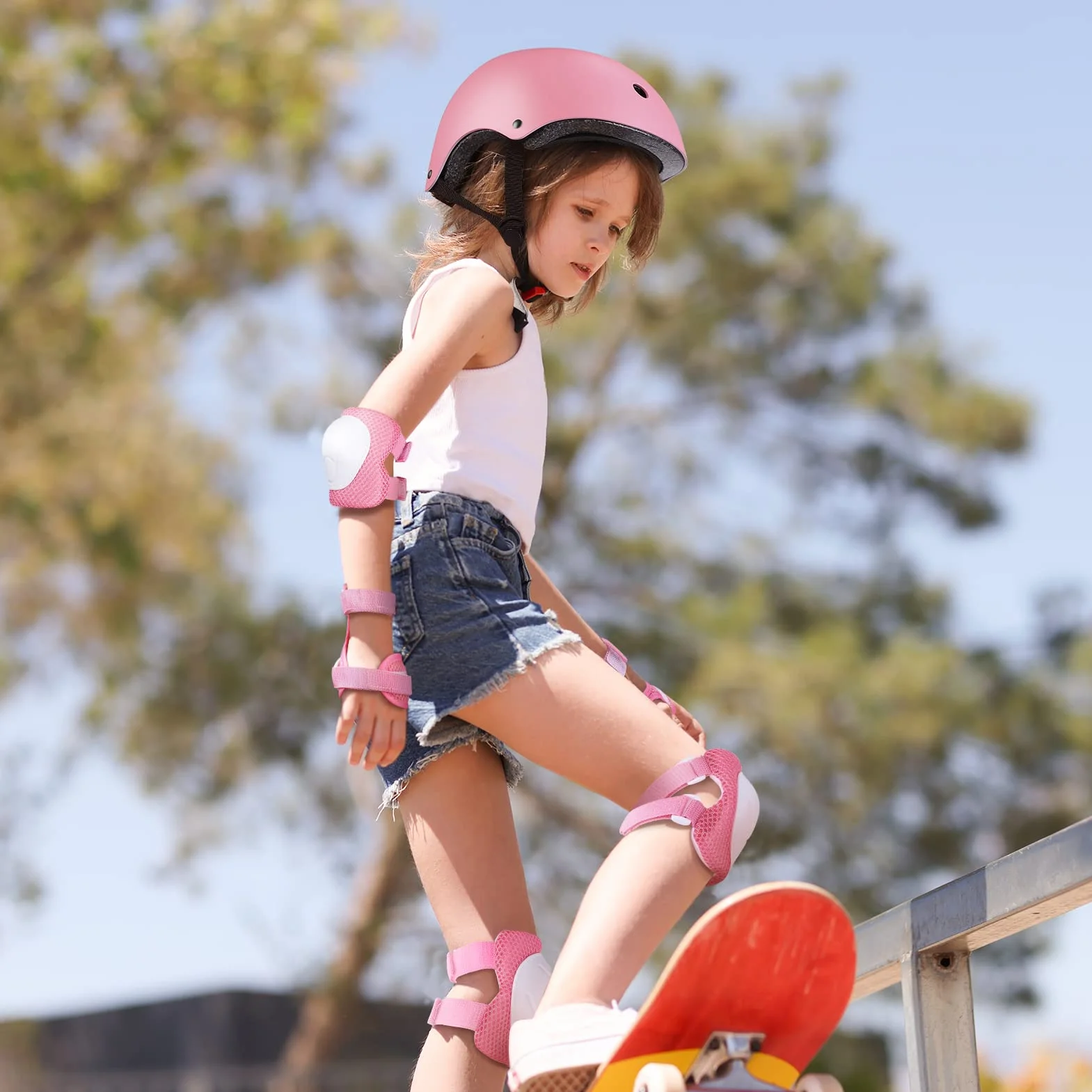 WayEee Equipo de Protección Infantil 7PCS Casco Rodilleras Coderas Muñequeras Ciclismo Patinaje Rosa