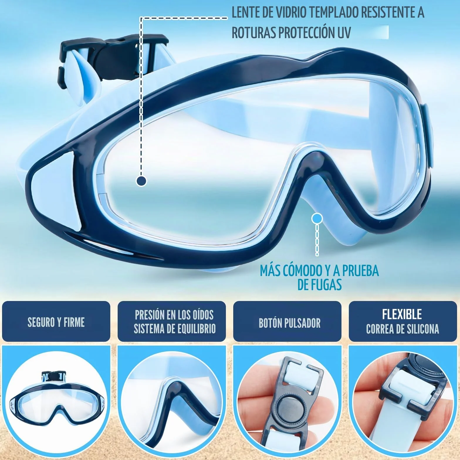 Gafas de natación para niños 3-15 años antivaho impermeables máscara de buceo panorámica 180° antifugas