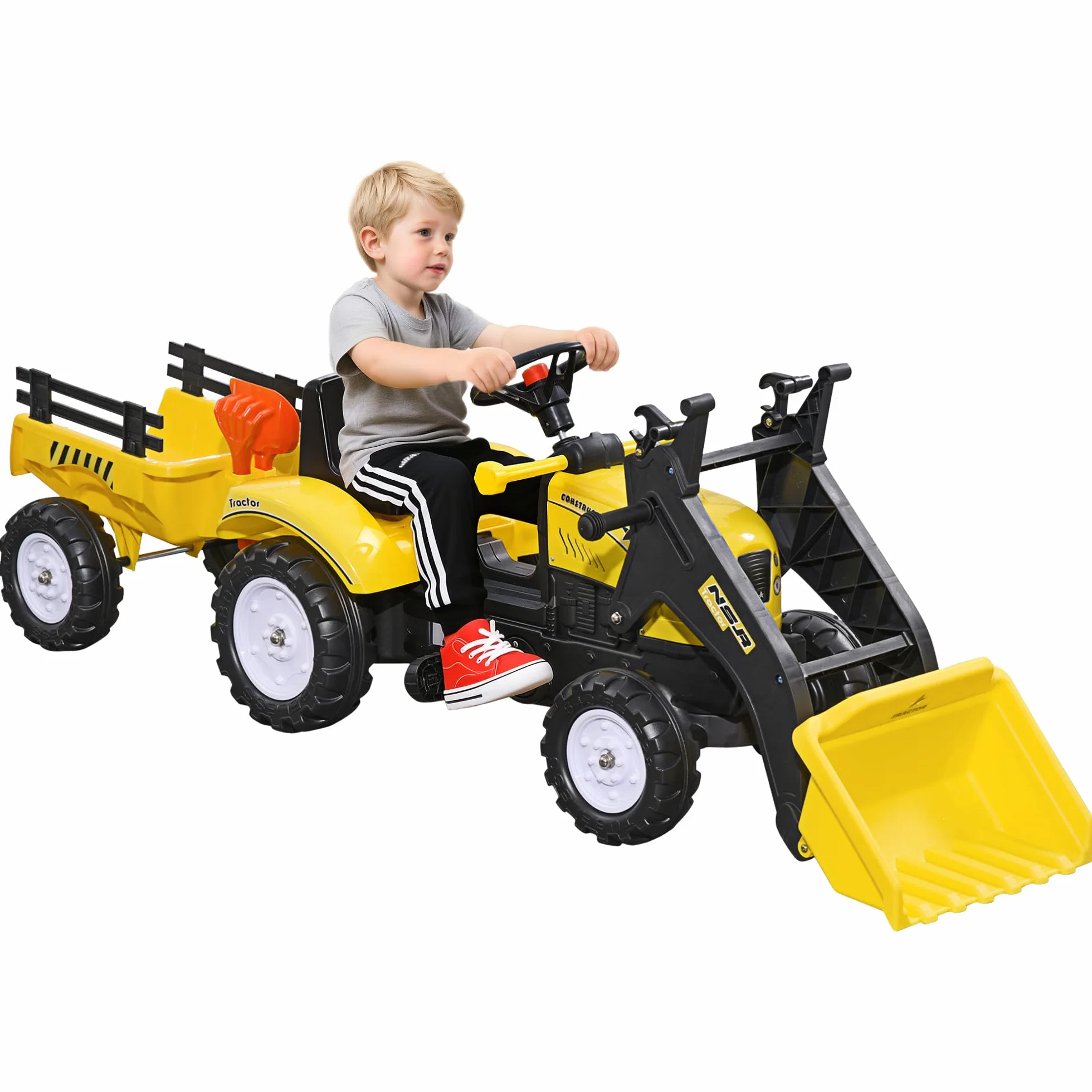 HOMCOM Tractor a Pedales para Niños de 3 Años Excavadora Infantil Juguete de Montar con Remolque Extraíble y Pala Delantera Carga 35 kg 167x41x52 cm Amarillo