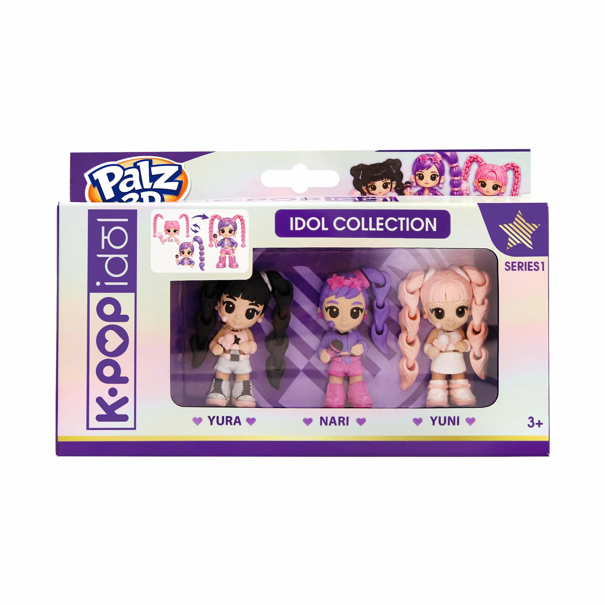 K-POP IDOL PALZ 3D Pack de 3 Yura, Nari, Yuni Figuras Coleccionables Altamente Articuladas con Cabello Intercambiable Juguete para Niños a Partir de 3 Años