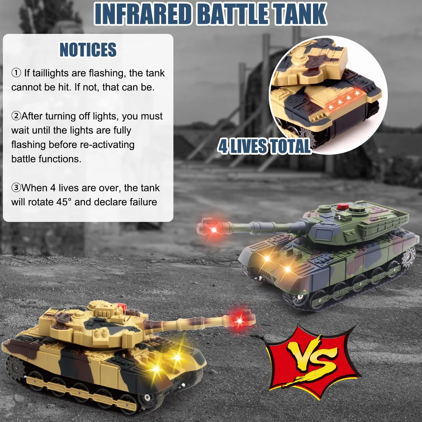 Tanque teledirigido con función de disparo por infrarrojos, 2,4 GHz, tanque de combate, juguete con torre giratoria de 360°, luz de sonido para demostración del coche, modelo de vehículo militar