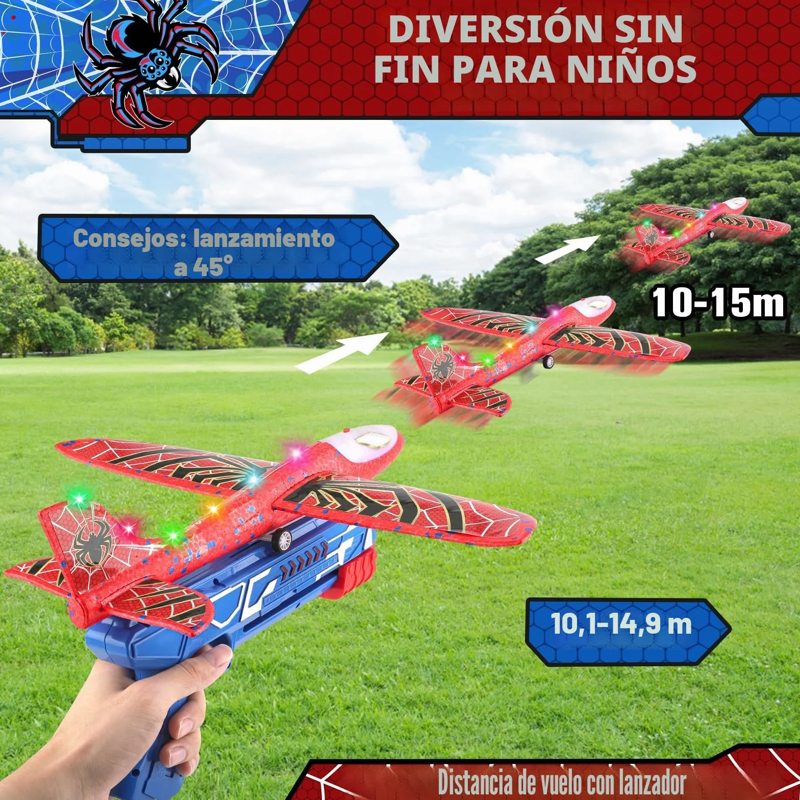 Avion Juguete con Spider Pegatinas, Aviones Poliespan con Pistola Avión Planeadores Espuma Corcho Regalo Navidad Cumpleaños Niños Niñas 3 4 5 6 7 8 9 10 Años Brinquedos Criança Juego Aire Libre