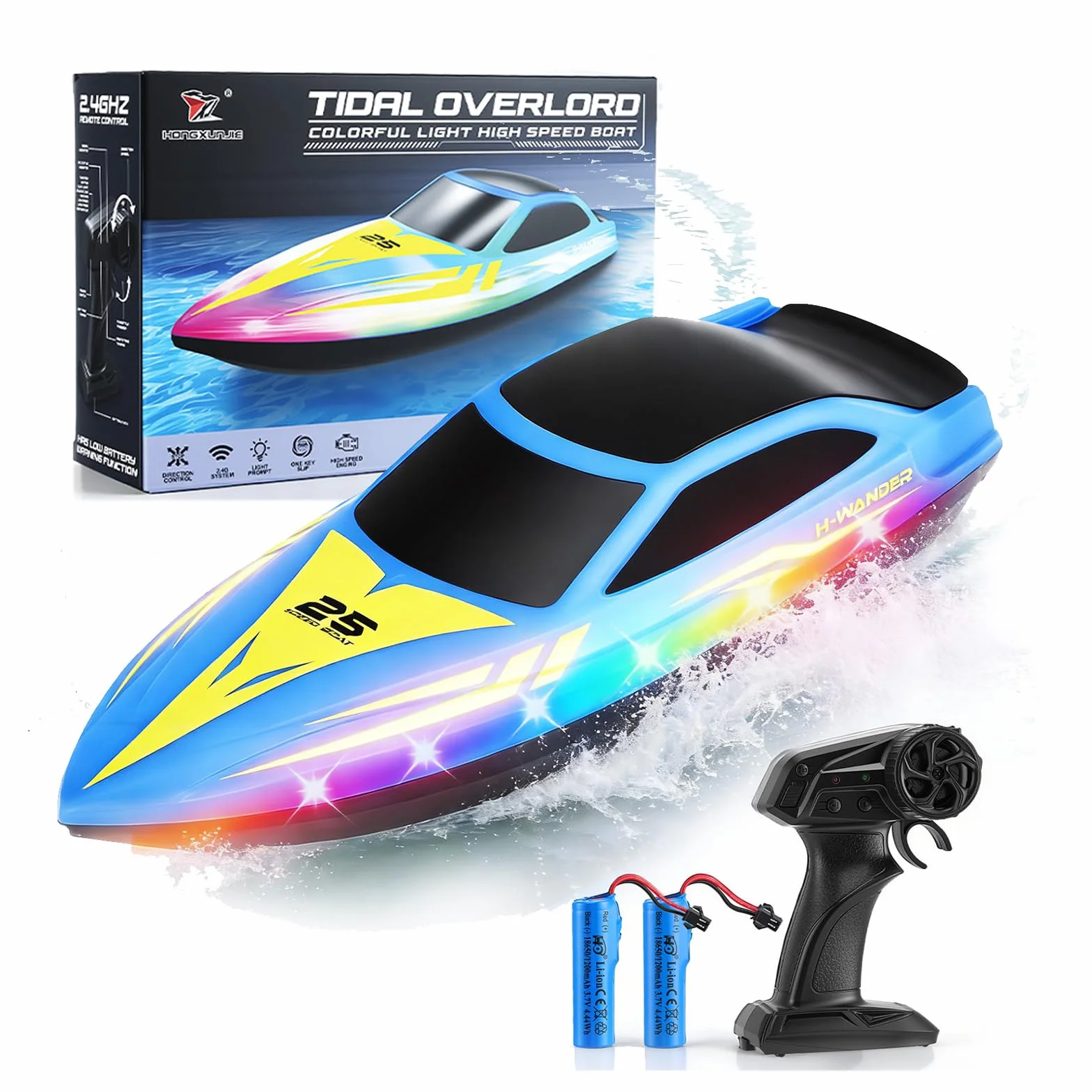 Paquete de 2 botes teledirigidos con luz LED y 2 baterías, 24 km/h, barcos de carreras de 2,4 GHz para piscinas y lagos, juguetes de agua de verano, regalo para niños de 8 a 12 años para piscinas y