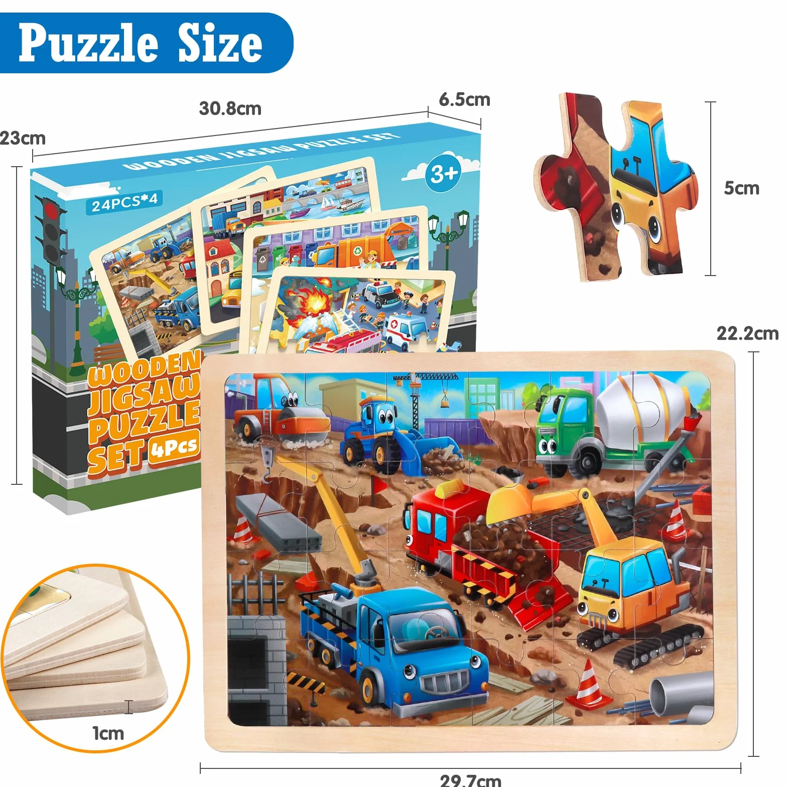 Juego de 4 Puzzle de Madera para Niños, Rompecabezas de 24 Piezas, Puzzle Juego de Coches de Juguete, Juguete Educativo para Infantiles de 3 4 5 6 años, Juguete de Regalo para Niña Niño