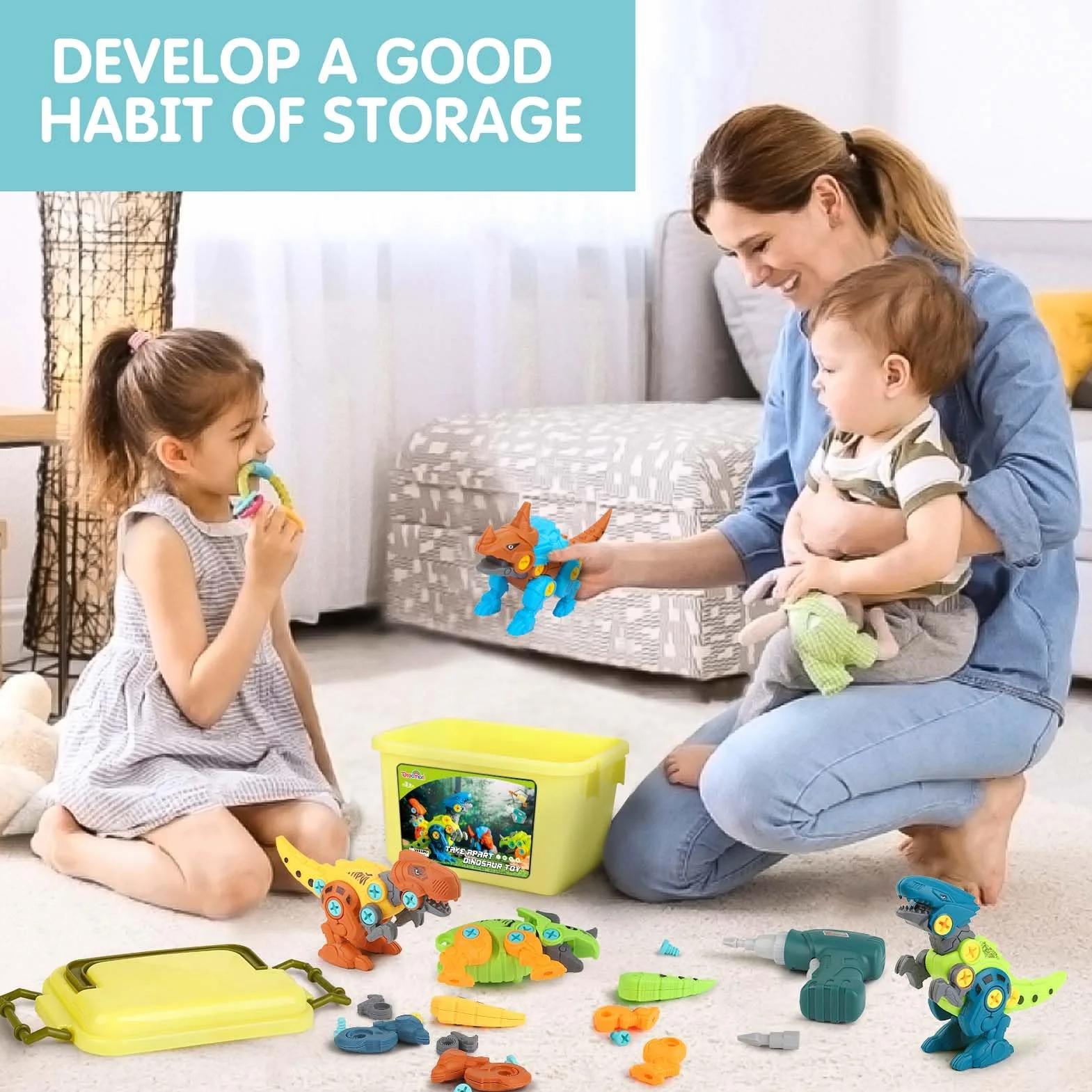 Dreamon Dinosaurios Juguetes para Niños 3 4 5 6 7 Años con Caja de Almacenamiento Taladro Eléctrico Construccion Juguete Dducativos Regalos para Niños Niñas
