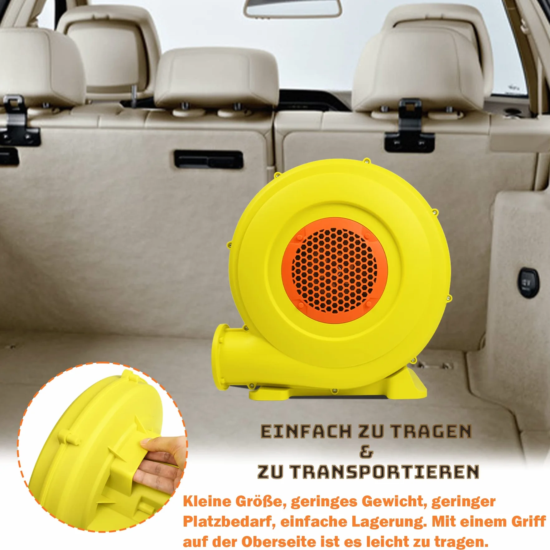 Froadp 750W Ventilador de Aire para Castillo Hinchable 220-240V Bomba Inflable Eléctrica con Mango y Pica de Tierra Ventilador Centrífugo Hinchable Soplador para Juegos Inflables (Amarillo+Naranja)