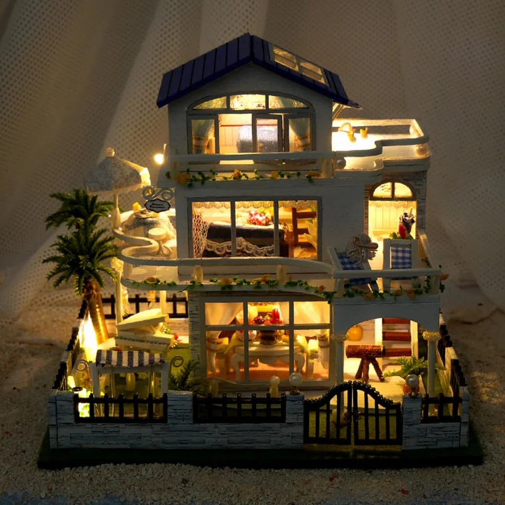 Casa de muñecas de Madera en Miniatura Estilo Europeo, Villa, Kit de casa de muñecas DIY, Edificio en 3D, Modelo de Creatividad, Regalos para Amigos y Padres