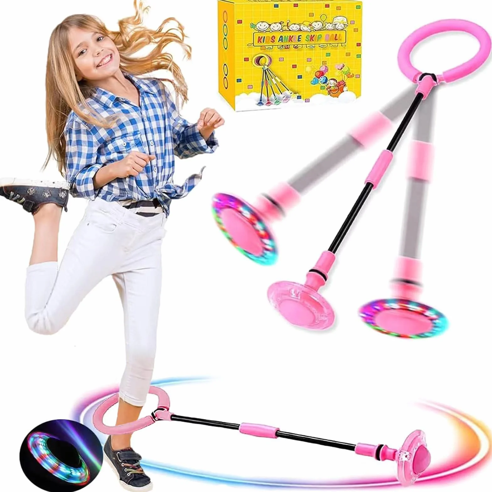 Pelota De Salto De Tobillo con Flash Plegable para Niños Adultos Ejercicio (Rosa)