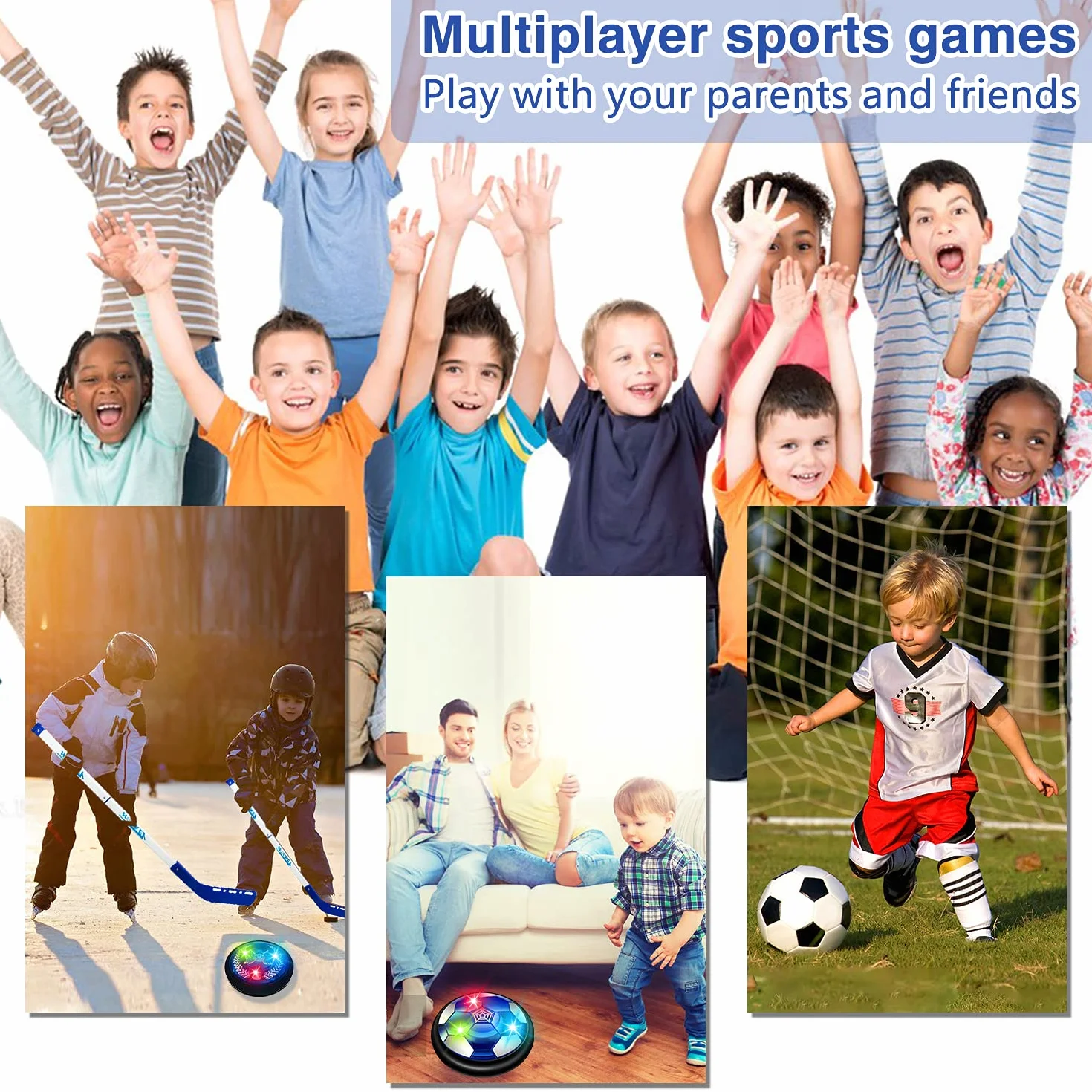 SUNACE 3 in 1 Balón Fútbol Flotant – Recargable Hockey Pelota con 2 Porteria Futbol Niños Air Power Soccer con Protectores de Espuma Suave y Luces LED Juguete Niños para Regalos Cumpleaños Navidad