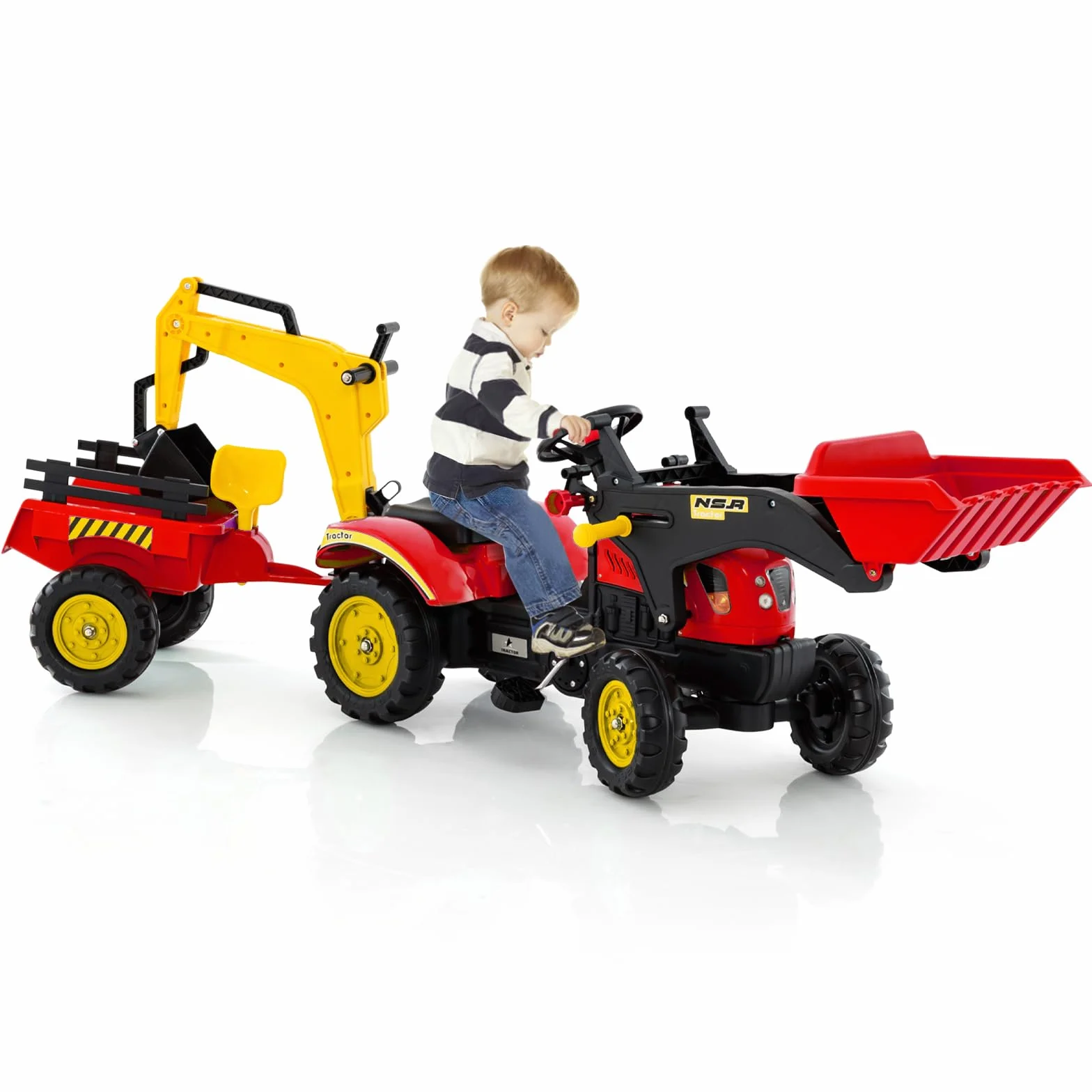 COSTWAY Tractor Pedales 3 en 1 para Niños, Topadora de Juguete con 6 Ruedas, Excavadora de Conducción con Pedales, Remolque de Carga Desmontable, Coche para Niños de 3 a 6 Años (Rojo)