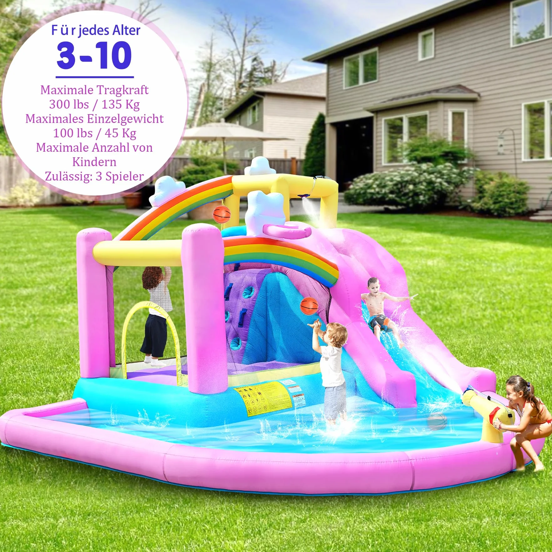 Castillo hinchable hinchable con tobogán de agua, pared de escalada, canasta de baloncesto y piscina infantil, incluye soplador, exterior para niños, ideal para jardín, 365 x 390 x 238 cm