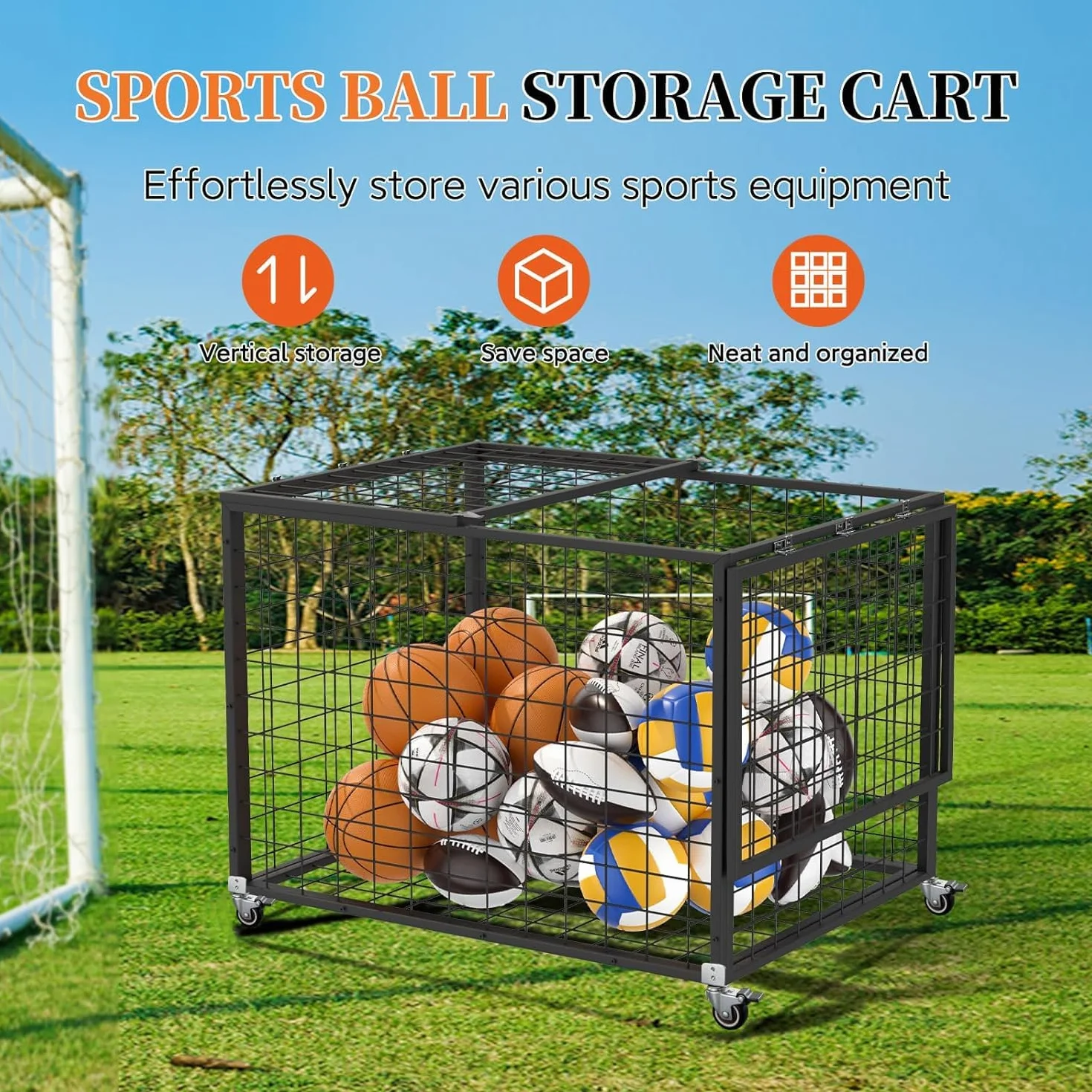 Carrito para balones deportivos con doble tapa con cerradura y ruedas para gimnasios, escuelas, clubes, baloncesto para interior y exterior