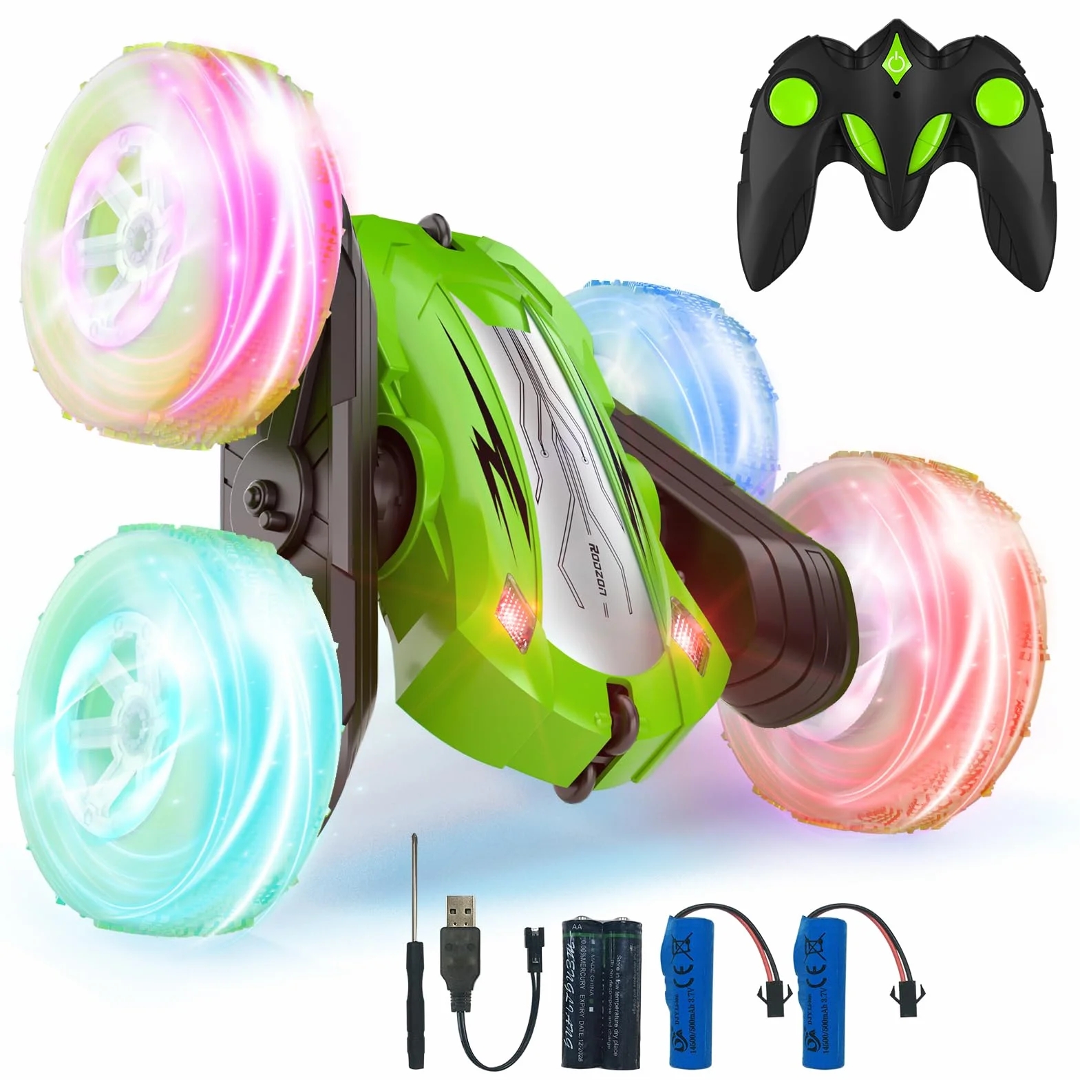 Coche Teledirigido 2.4Ghz 360 Grados Rotación Acrobático Juguete Regalo 6-12 Años Niños Niña Incluye Batería Recargable Verde