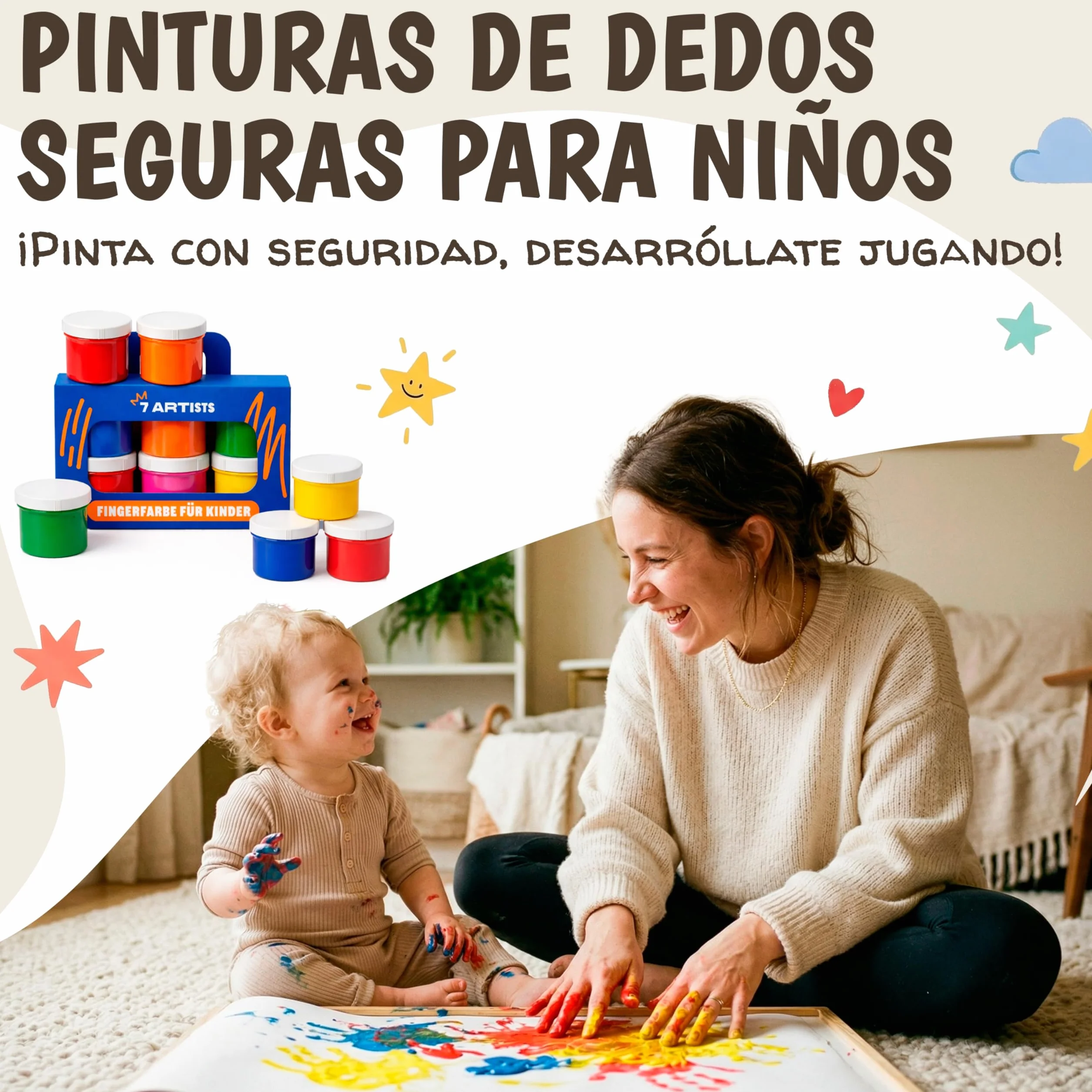 Pintura Dedos Bebe No Toxica Lavable 6x60ml – Pintura de Dedos Para Niños 1, 2, 3 años | Pintar con Manos y Pies | Pinta con Manos & Huellas Bebé Multi Superficia