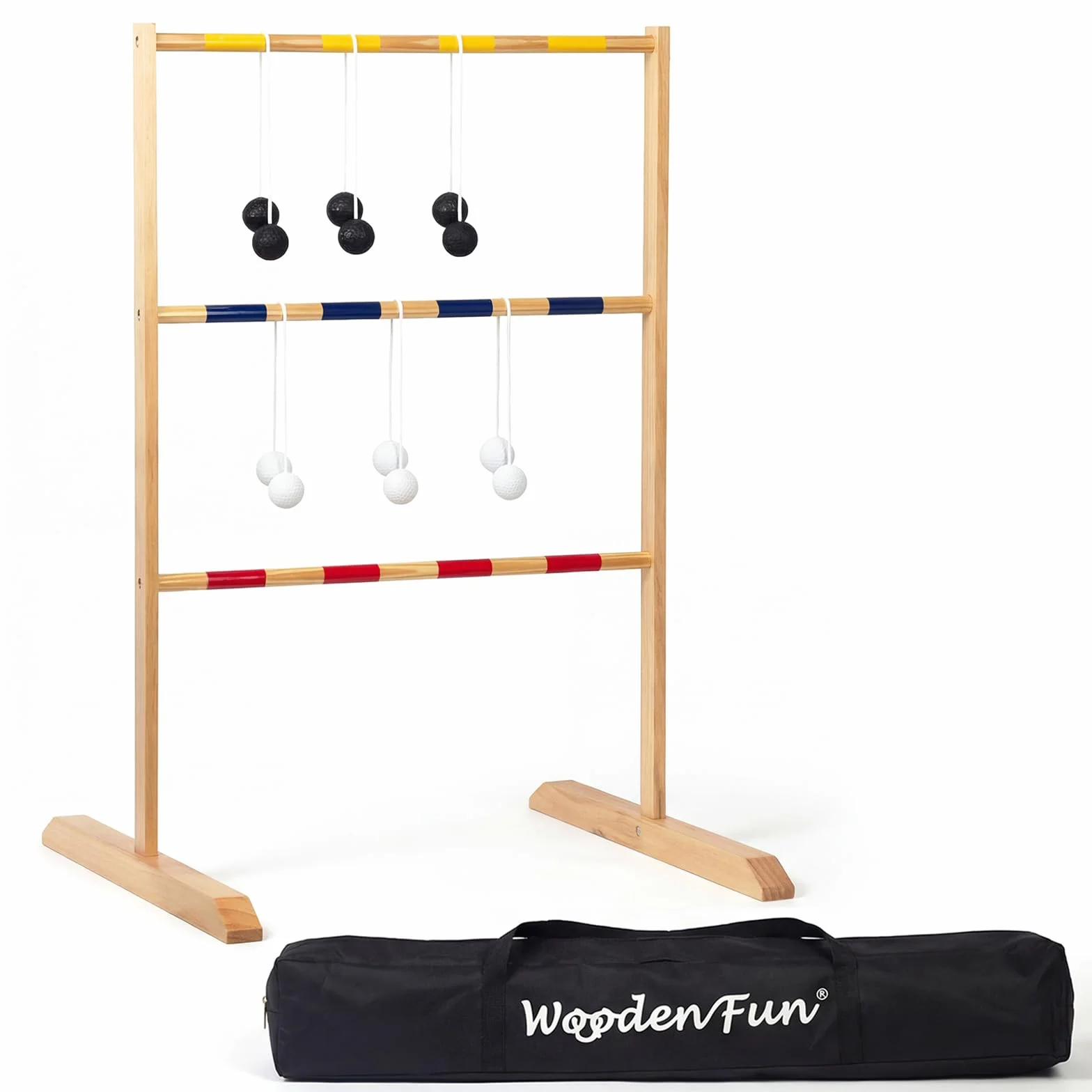 WOODENFUN Juego de escalera de golf de madera para exteriores con 9 bolas y bolsa, juego de interior y lanzamiento para adultos y niños a partir de 3 años, 90 x 62 x 58 cm