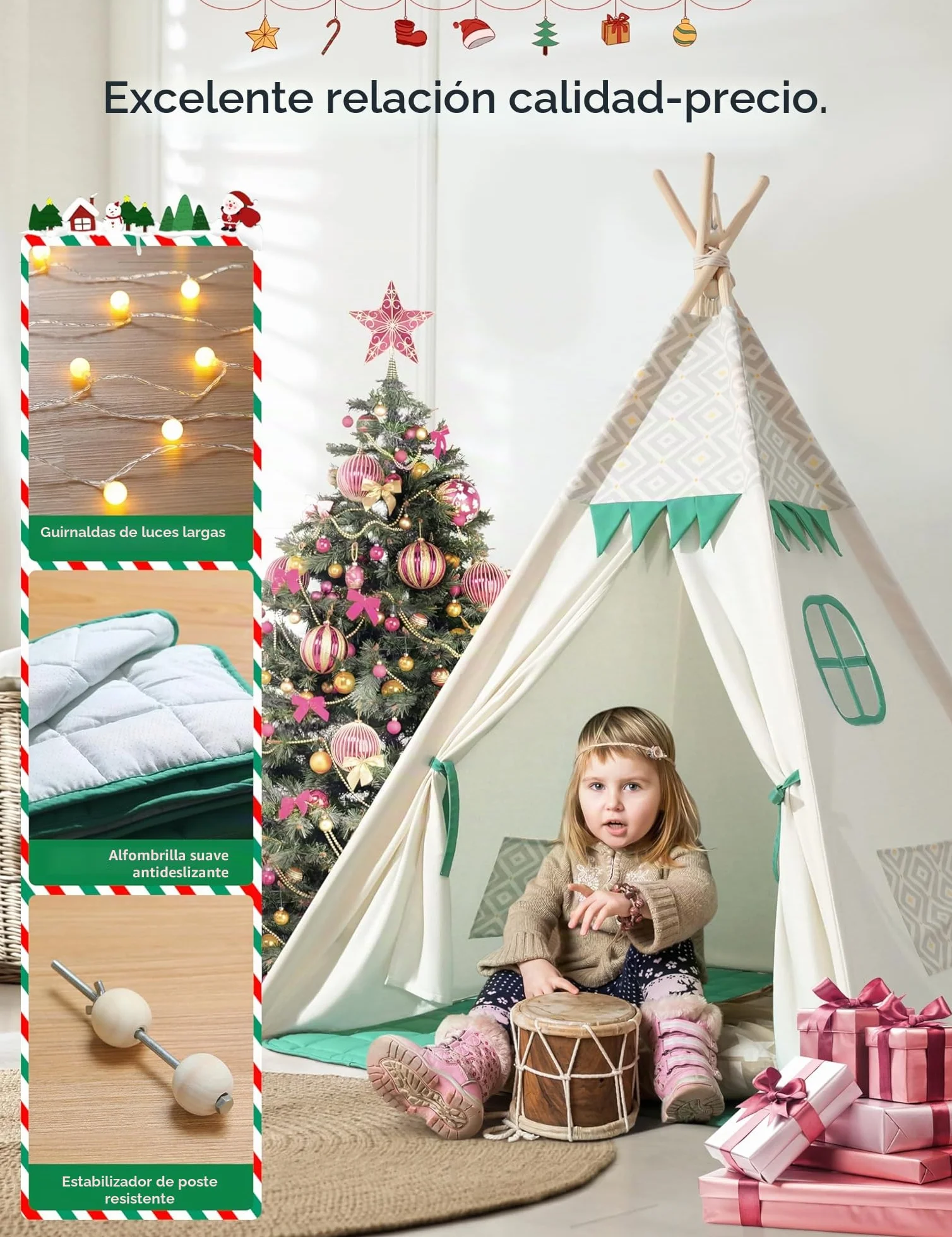 besrey Tipi Infantil Indio para Niños Tienda de Campaña Infantil Canvas Tipi de algodón con Alfombra Acolchado y Luces de Hadas (Verde y Blanco)