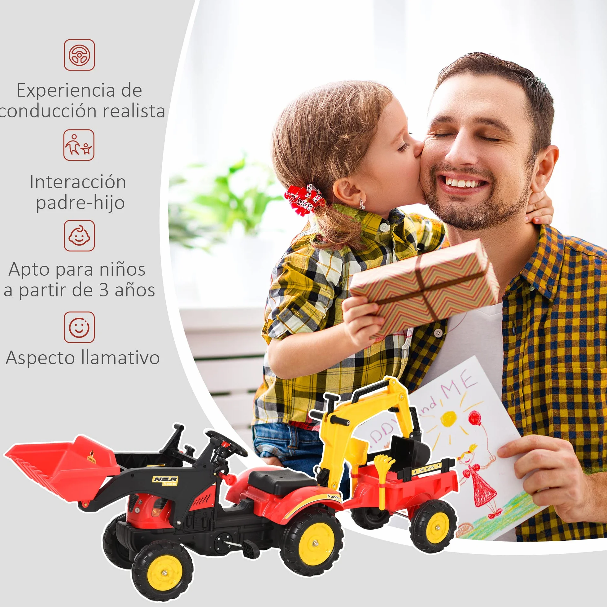 HOMCOM Tractor a Pedales con Remolque Excavador con Pala Frontal Juguete de Conducción para Mayores de 3 Años Dirección y Palas Fáciles de Controlar Soporta hasta 35 kg 179x42x59 cm Rojo