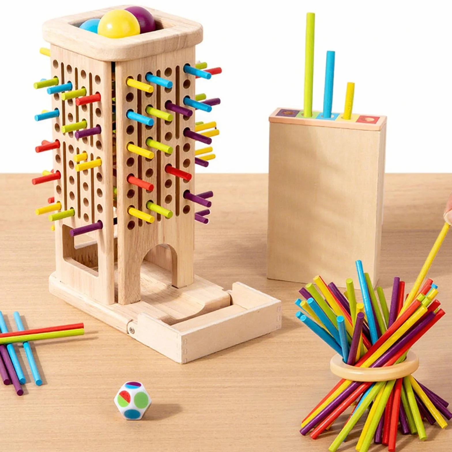 Juego de Mesa Montessori para Niños 3 4 5 6 Años – Torre de Madera con 28 Palitos de Colores, Dados y Bolas – Juguete Educativo Infantil para Habilidades Motoras Finas, Juegos de Mesa Familiar