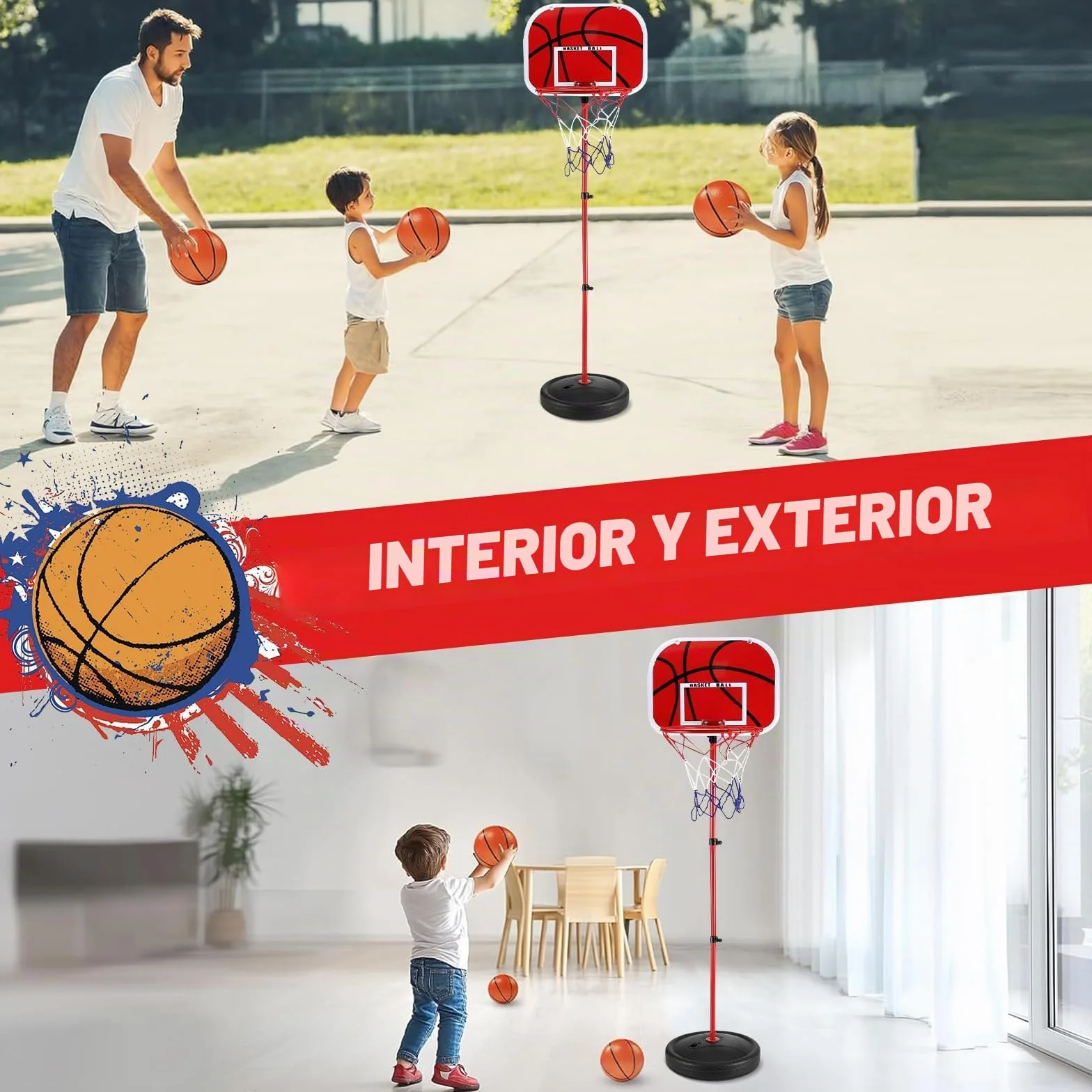 Canasta Baloncesto Infantil Regulable 50-150 cm con 3 Pelotas + Bomba - Canasta Basket Niños 3-8 Años para Exterior/Interior - Ideal Exteriores, Jardín, Interior