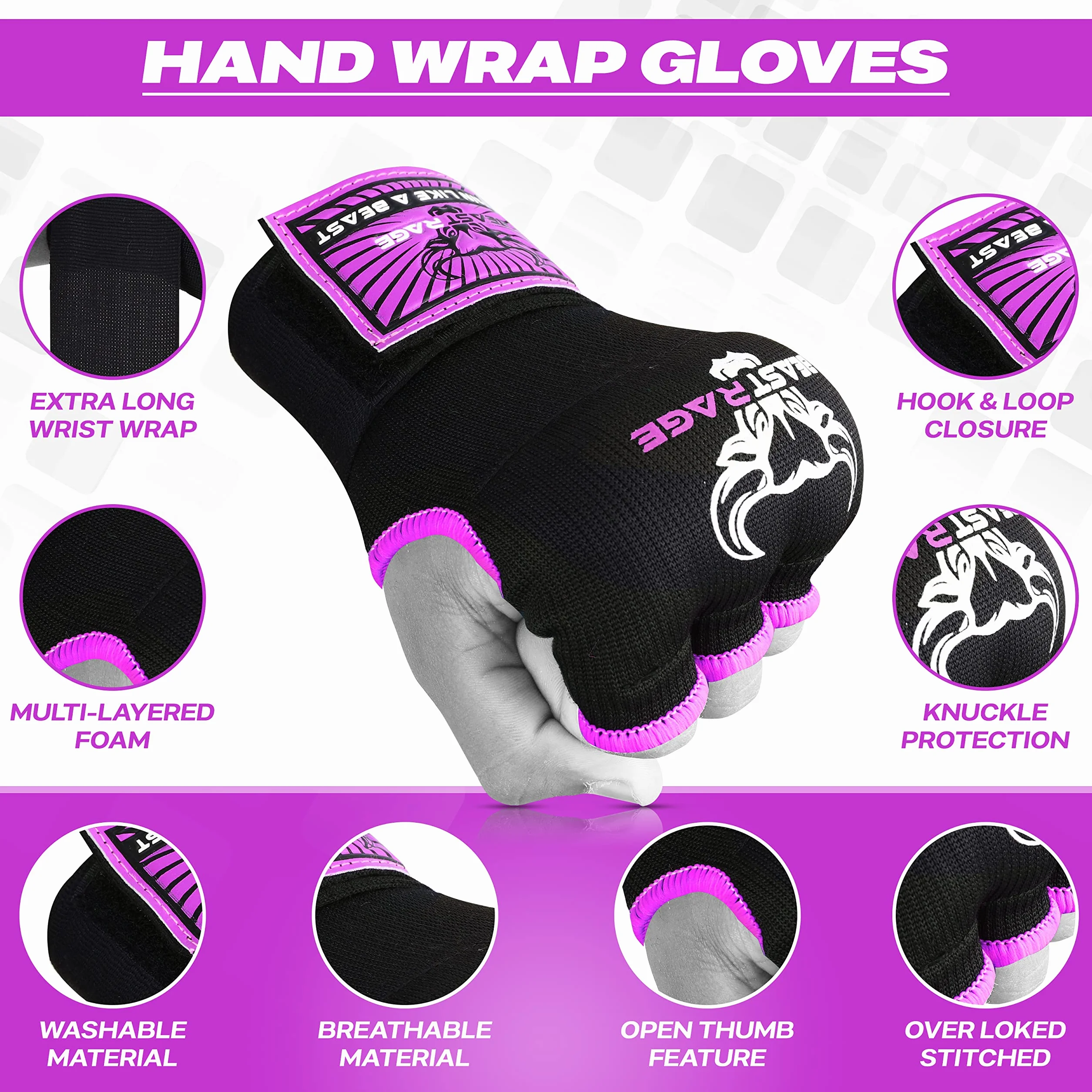 Beast Rage Guantes de Boxeo de Gel 75 cm Largo Acolchados Entrenamiento Muay Thai UFC