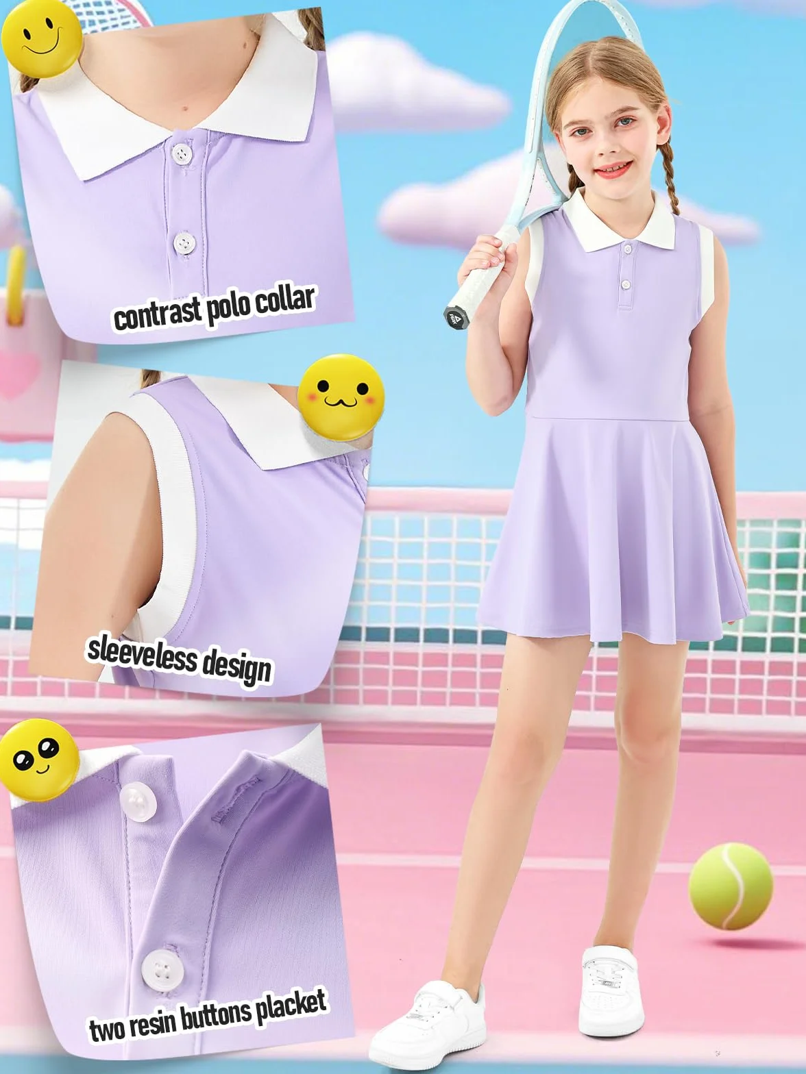 Vestido de Tenis para Niña con Pantalón Corto Polo Athletic Dress Sin Mangas con Bolsillos