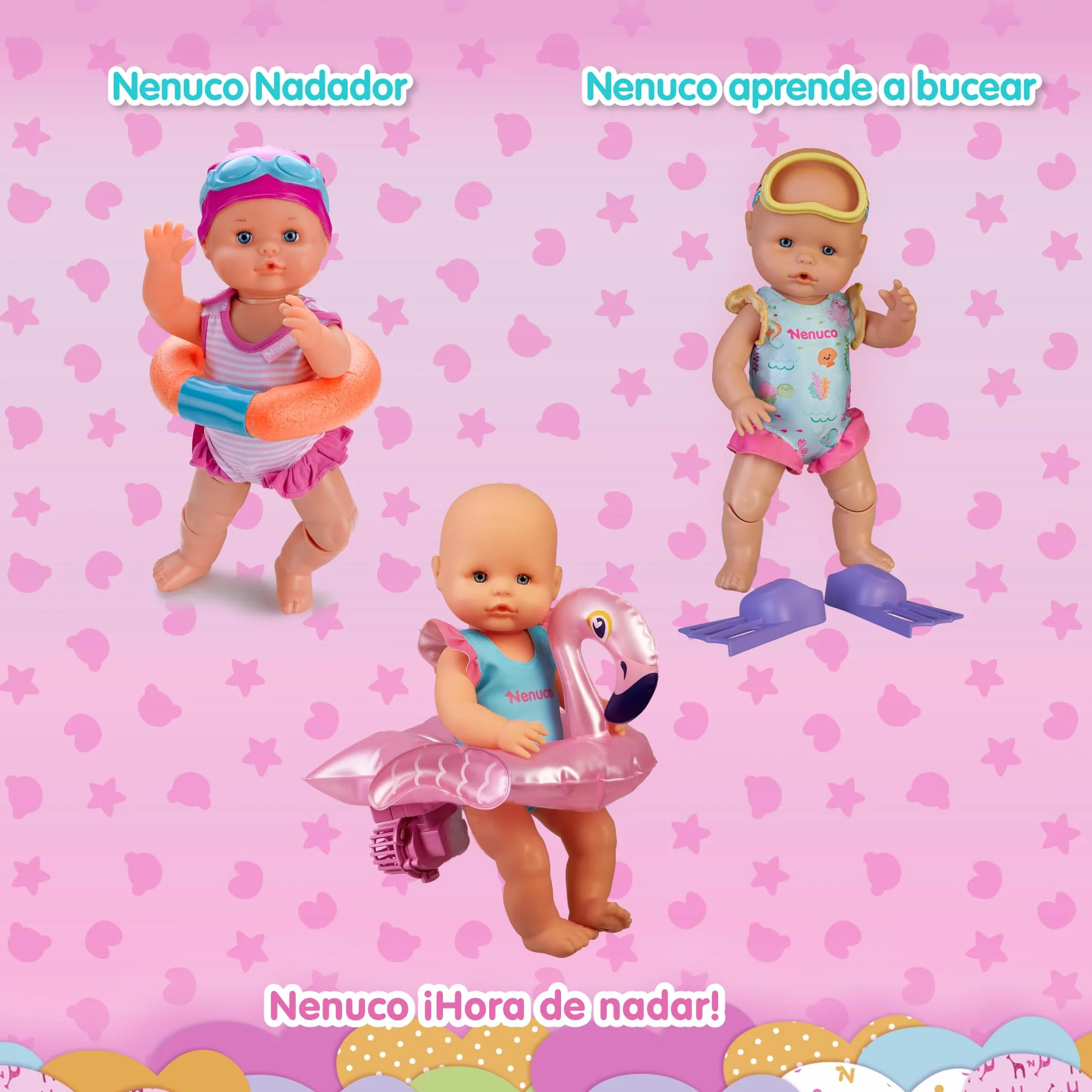 Nenuco - ¡Aprende a Bucear! Muñeco de 35 cm y Cuerpo Duro Que Mueve Sus piernas y Nada solito. con tu Ayuda podrá sumergirse en el Agua y bucear. Incluye bañador, Aletas y Gafas de bucear (NFN75000)