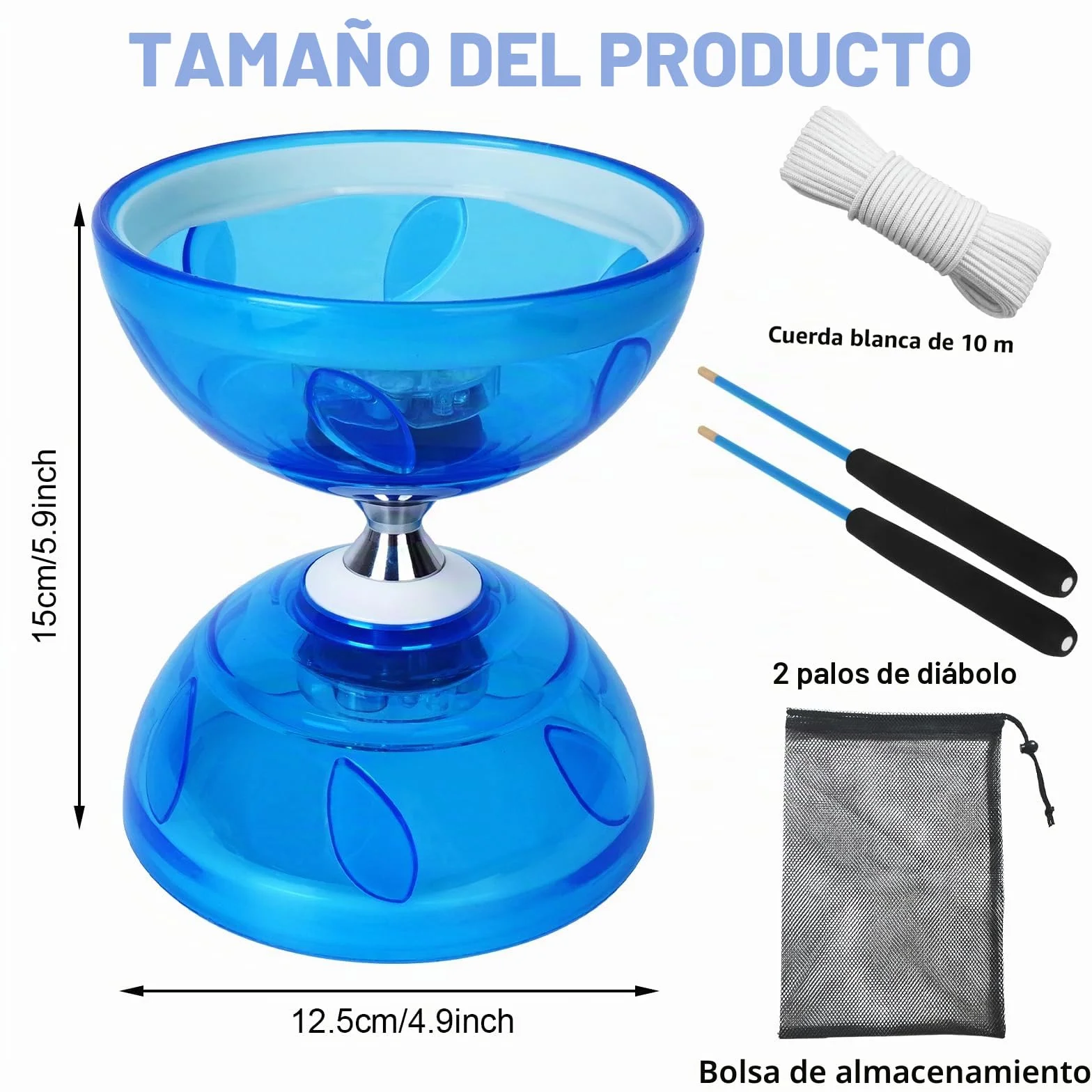 Juego de Malabares LED Diabolo, 4,5 mm Diábolo LED con Rodamiento de Bolas Diábolo Juego de Malabares para Principiantes Profesionales con 2 Bastones, 10M Cuerda de Repuesto, Bolsa de Guardado