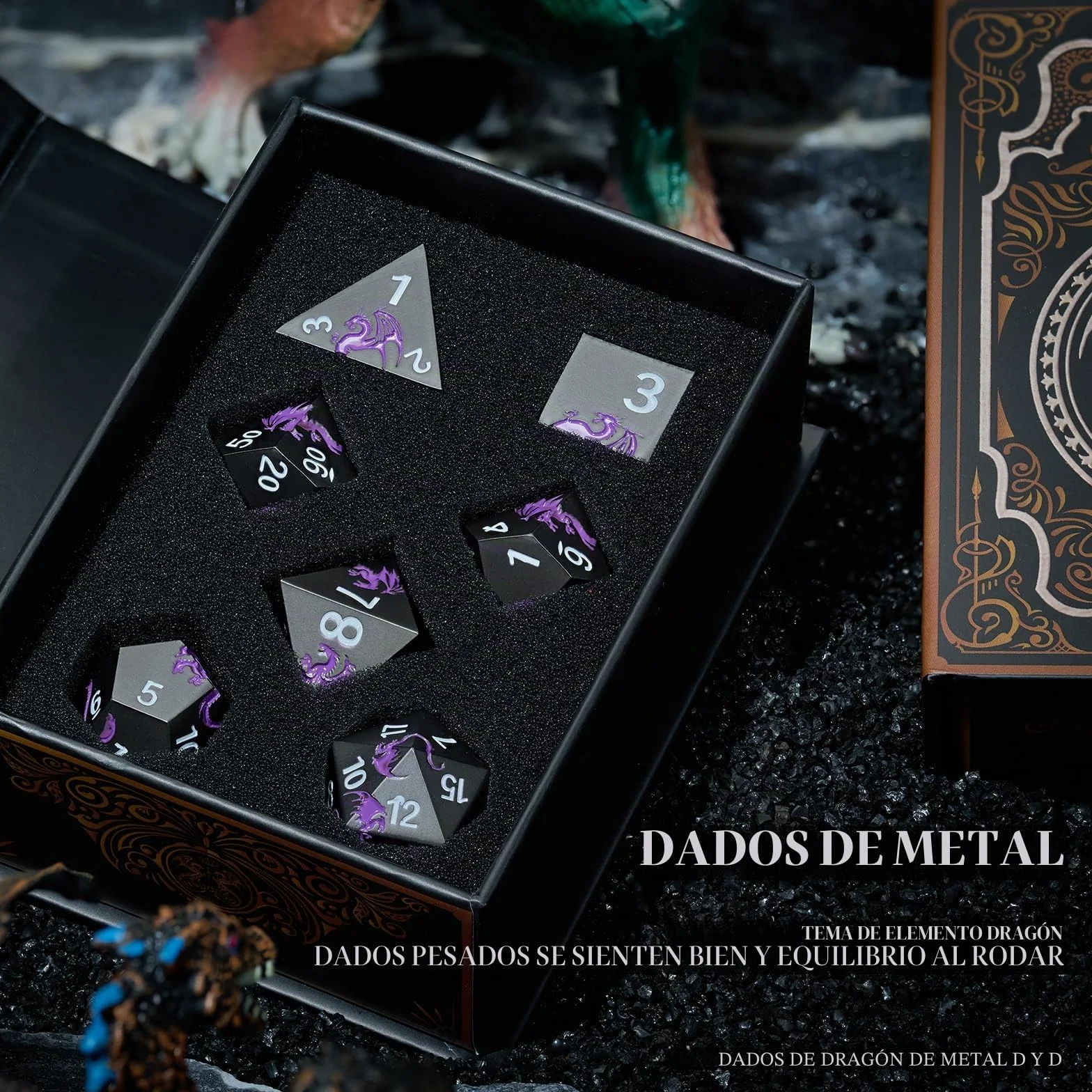 Juego de dados de metal D&D, dados poliédricos de 7 piezas, dragón, metálicos, para juego de mesa de Dungeons and Dragon, RPG (dragón negro y púrpura)