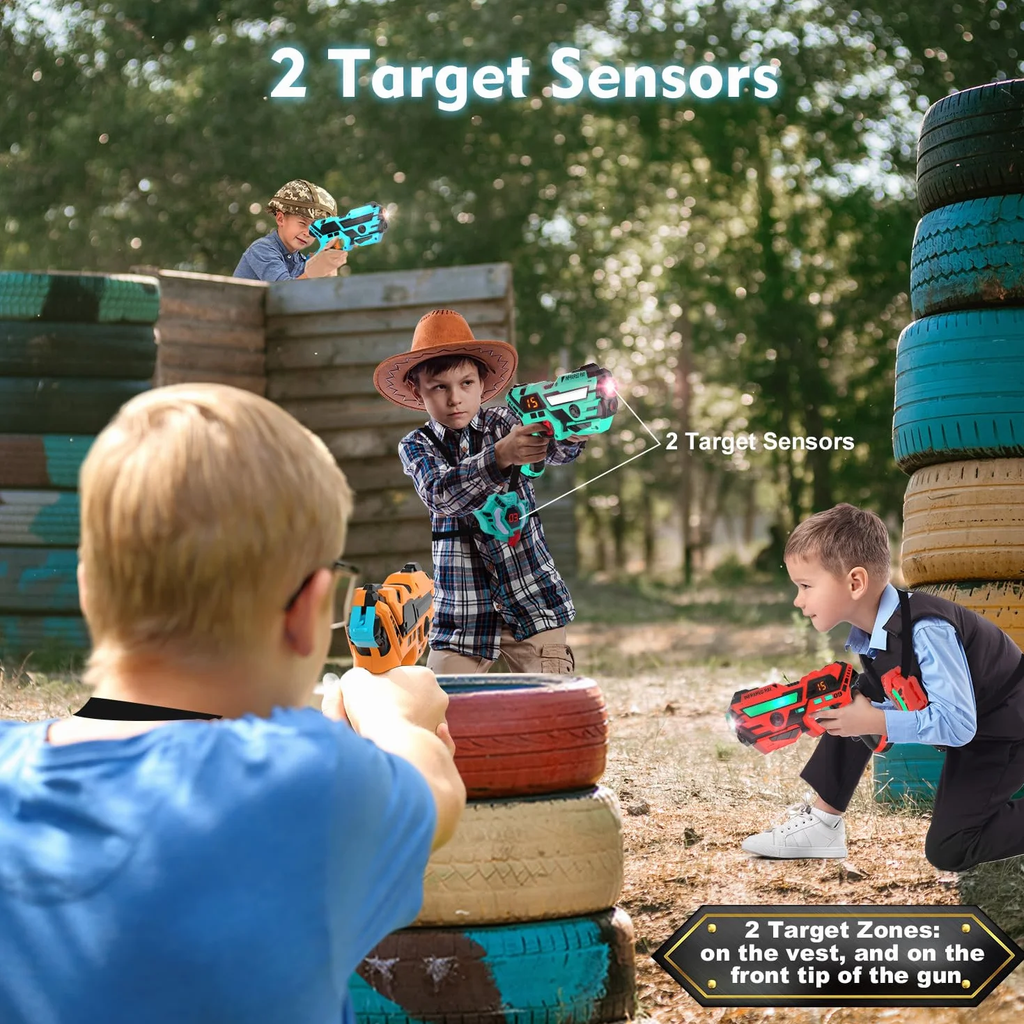 VATOS Recargable Laser Tag Set 4 Packs - En Tiempo Real de Datos Sync Infrarrojos Laser Tag Sets, 4 Jugador Lazer Tag Juego de Disparos para Niños Adolescentes Edad 6-12 años