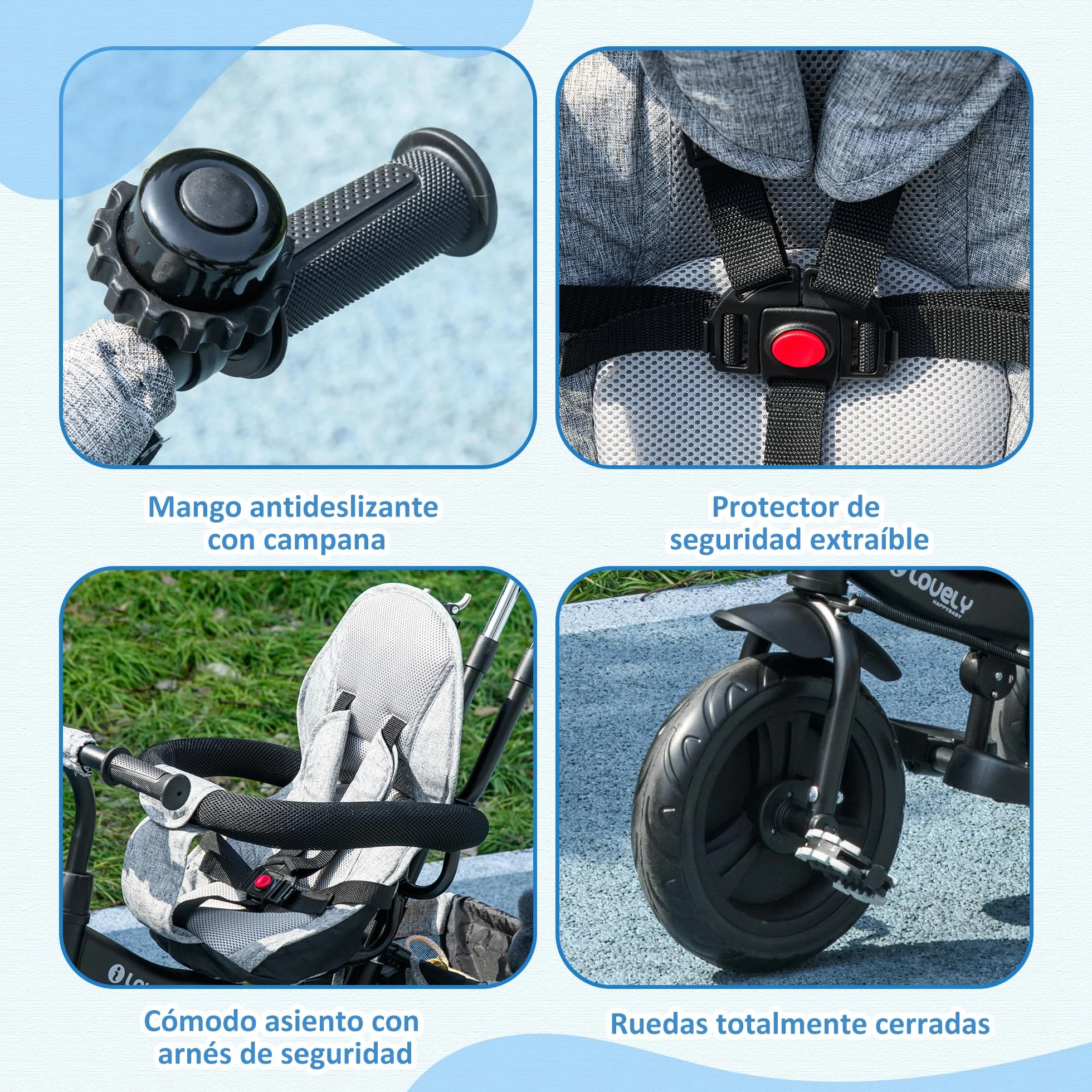 HOMCOM Triciclo Evolutivo para Bebés 6 en 1 Triciclo para Niños de 1-5 Años Bicicleta para Niños con Toldo Plegable Mango Telescópico Desmontable Cinturón de Seguridad y Cesto 95x50x106 cm Gris