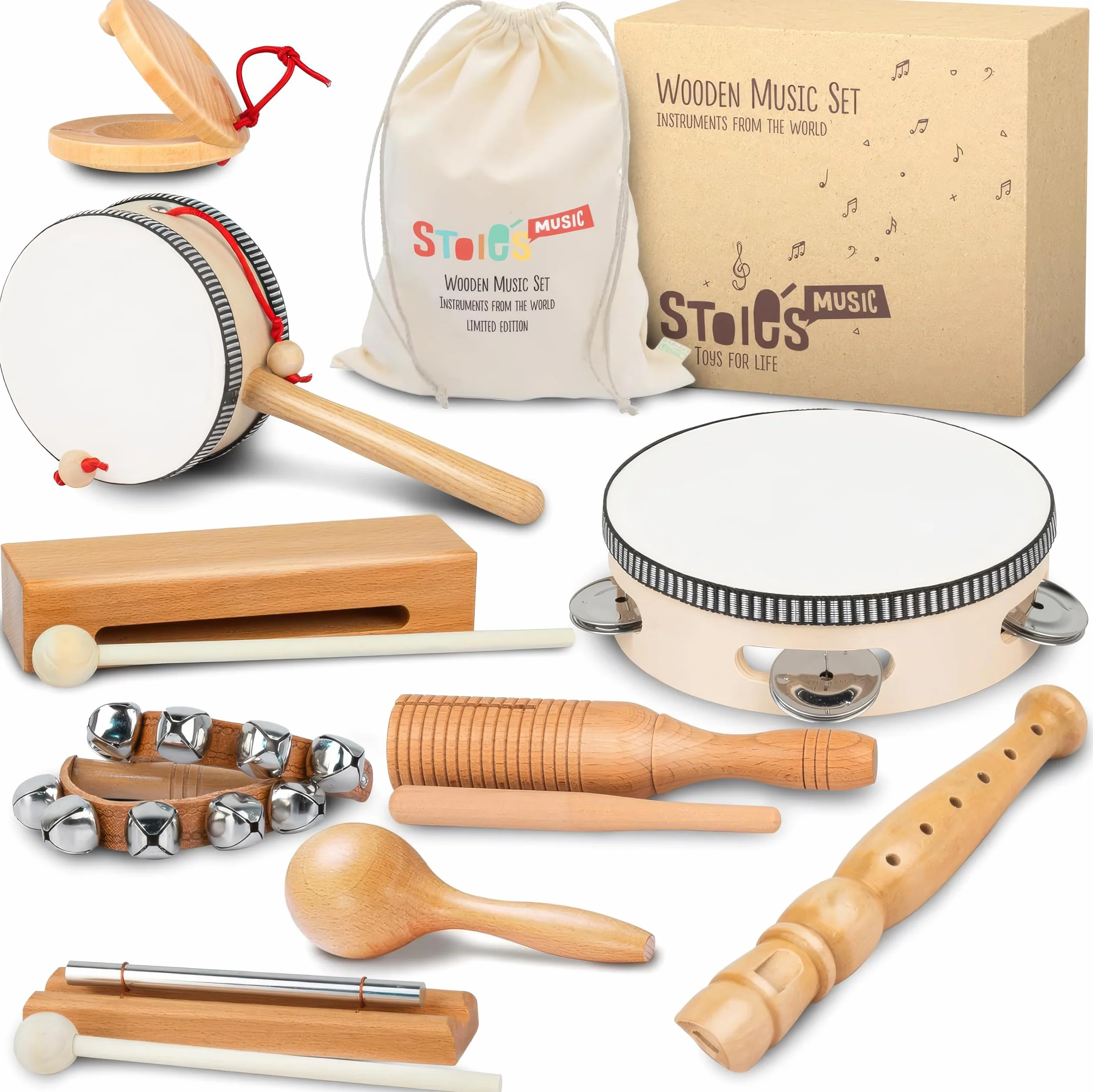 Set de Instrumentos Musicales de Madera Stoie’s para Niños de 1-9 Años – Tambor, Flauta, Maracas, Campanitas, Castañuelas, Pandereta, Juguete Montessori Educativo, Seguro, con Bolsa de Algodón